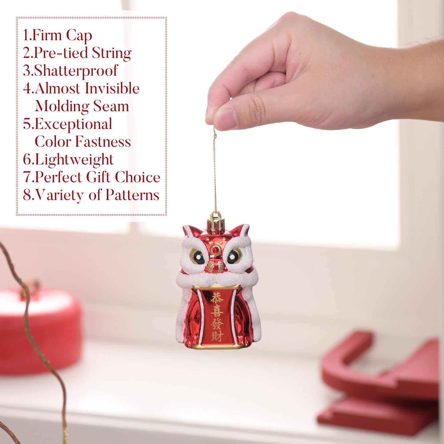 Valery Madelyn Chinese New Year Decorations Hanging Ornaments for Small Tree, 30ct Shatterproof Lion Dance Fu Character Gold Ingot Red Chinese Knots Copper Coin Lunar New Year Balls Bulk