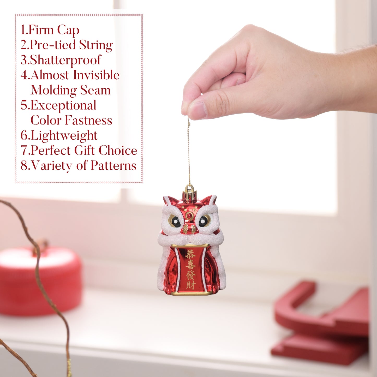 Valery Madelyn Chinese New Year Decorations Hanging Ornaments for Small Tree, 50ct Shatterproof Lion Dance Fu Character Gold Ingot Red Chinese Knots Copper Coin Lunar New Year Balls Bulk