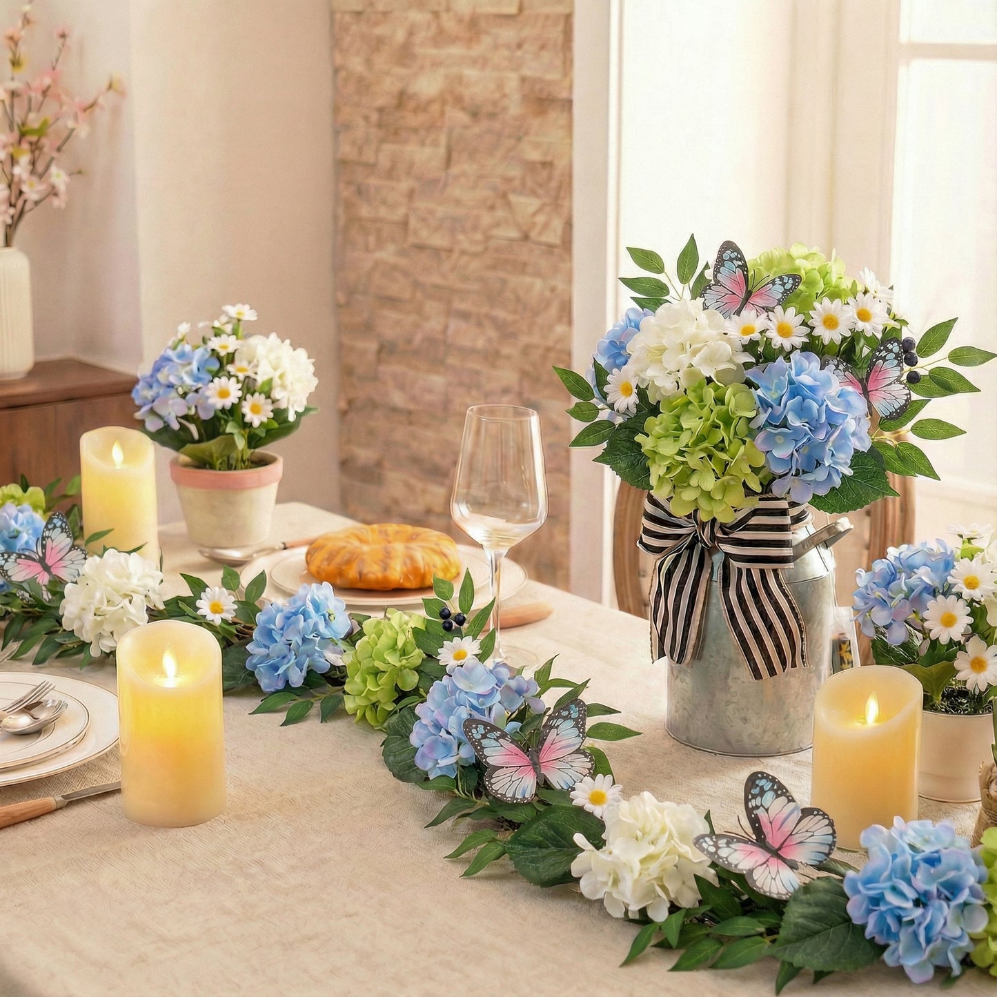 Valery Madelyn 6FT Spring Summer Garland with Lights for Mantle, Blue Green White Hydrangeas Flower Garland with Eucalyptus Leaves Butterfly for Home Table Centrepiece Stairs Wedding Party Decorations