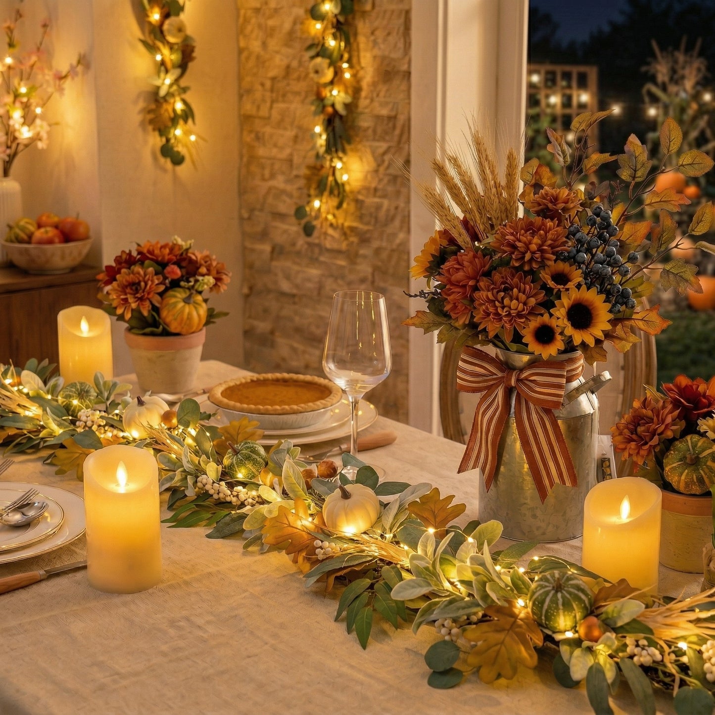 Valery Madelyn Fall Garland for Mantle, 9ft Lambs Ear Leaves Garland with Lights White Pumpkins Thanksgiving Table Centerpiece, Fall Autumn Decorations for Home Porch Fireplace Outdoor Halloween Decor