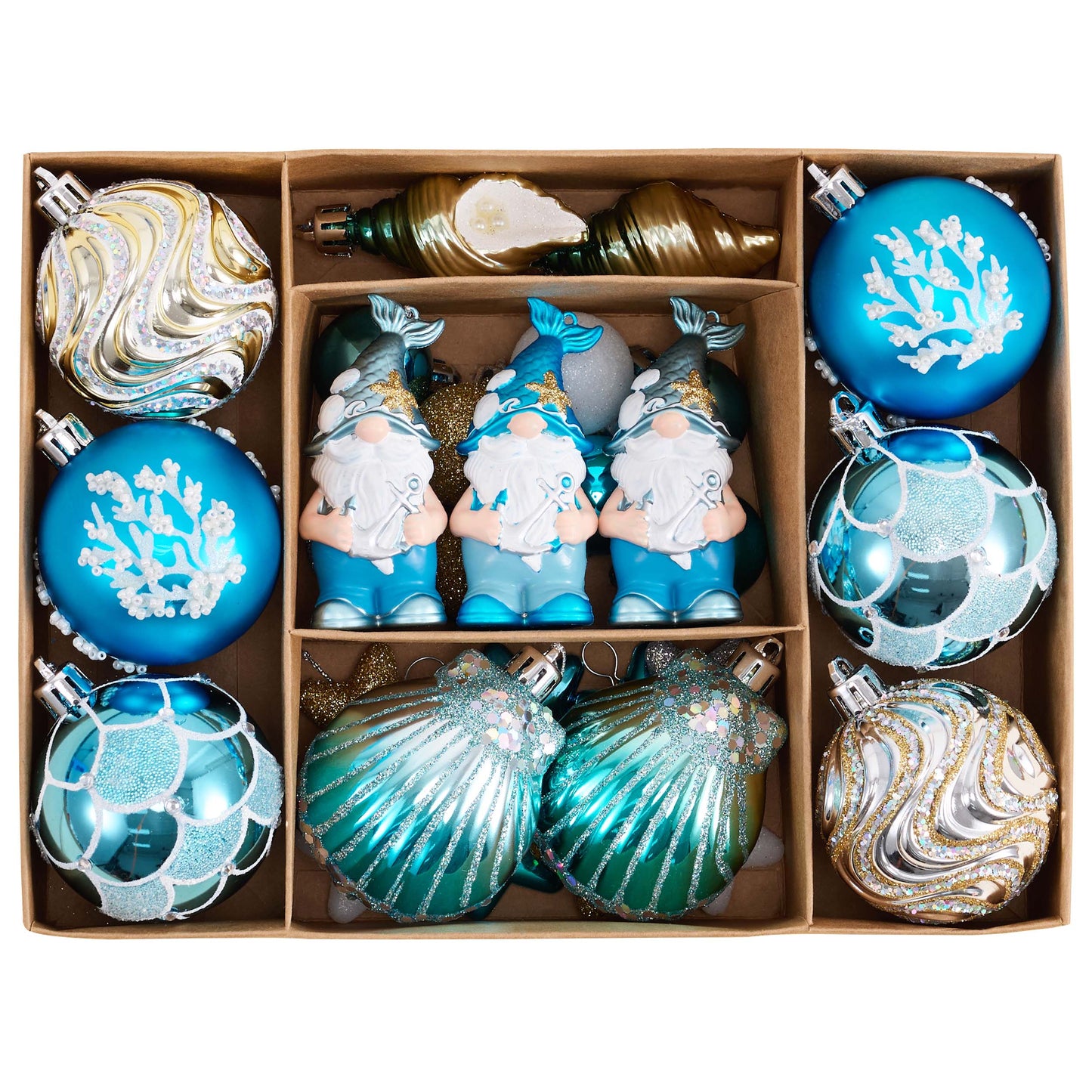 Valery Madelyn Summer Tree Ornaments 30ct Shatterproof Nautical Beach Decor Nautical Ocean-Themed Coastal Christmas in July Tree Decorations, Gnome Seashell Conch Shell Coral for Tropical Party