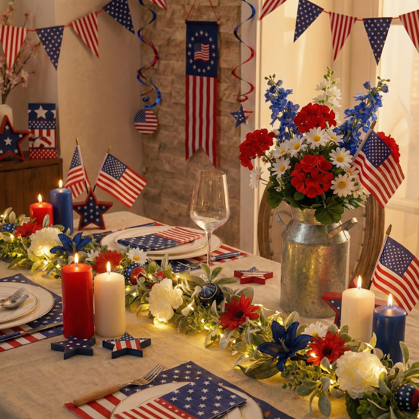 Valery Madelyn 6FT Patriotic Garland with Lights for Mantle, Red White Blue Garland with Ball Ornaments Butterfly for 4th of July Independence Day Decor