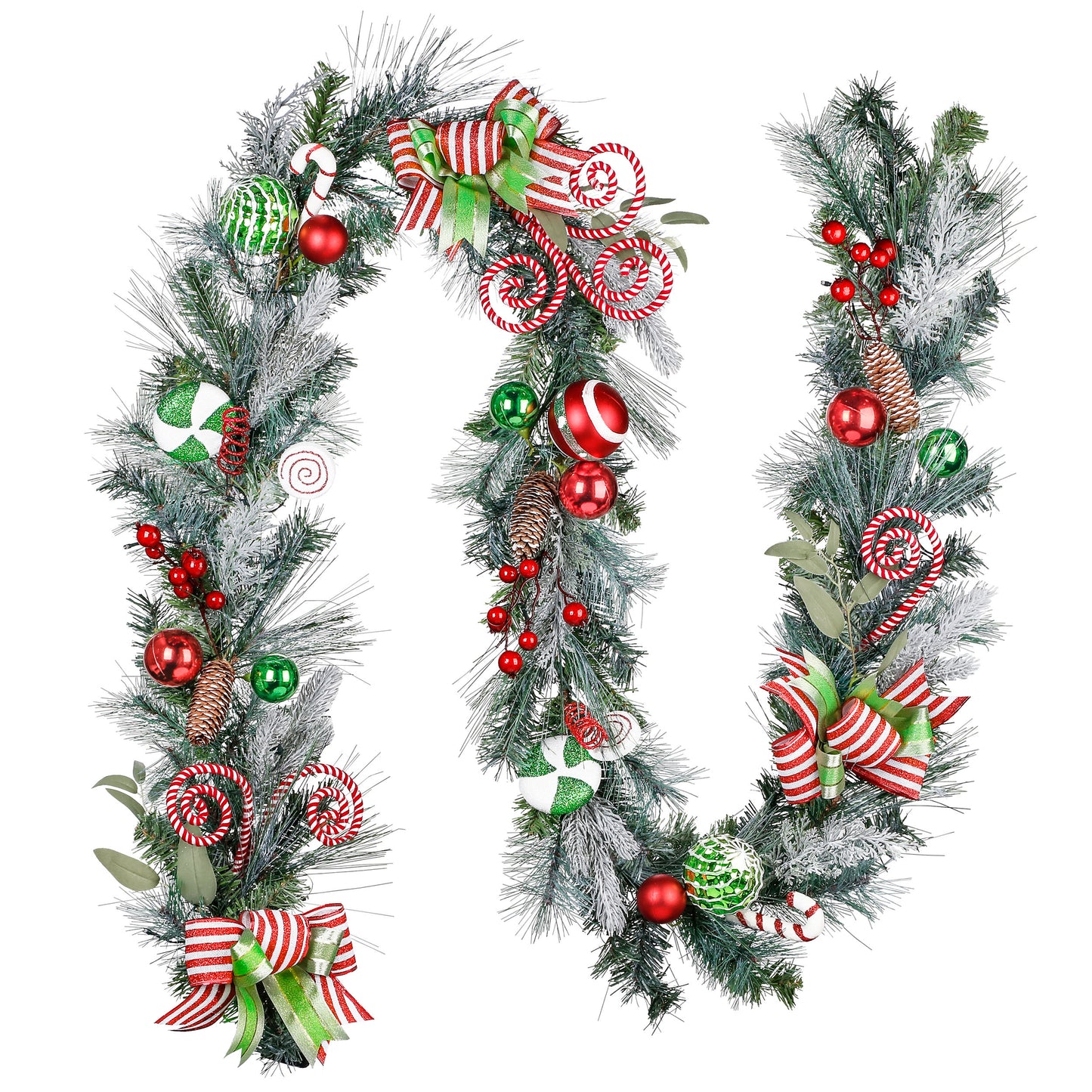 Valery Madelyn 9 Feet Pre-Lit Christmas Garland with Lights for Mantle, Lighted Outdoor Elf Xmas Garland with Red Green White Balls for Home Stairs Fireplace Table Centerpiece Indoor Holiday Decor