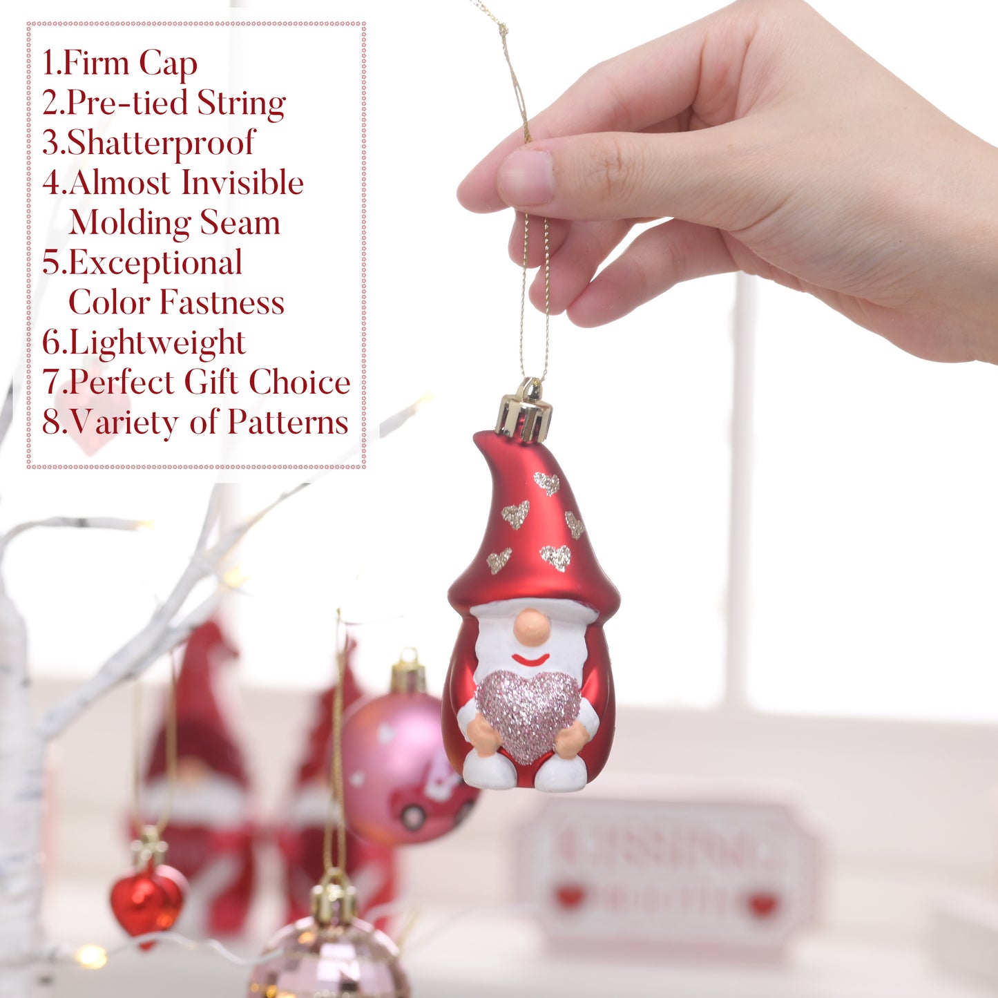 Valery Madelyn 50Pcs Valentines Heart Shaped Ornaments Gift Pack, Christmas Craft Painted Tree Heart Gnome Decorations, Pink Red Gold Christmas Baubles Hanging Party Wedding Anniversary Decor