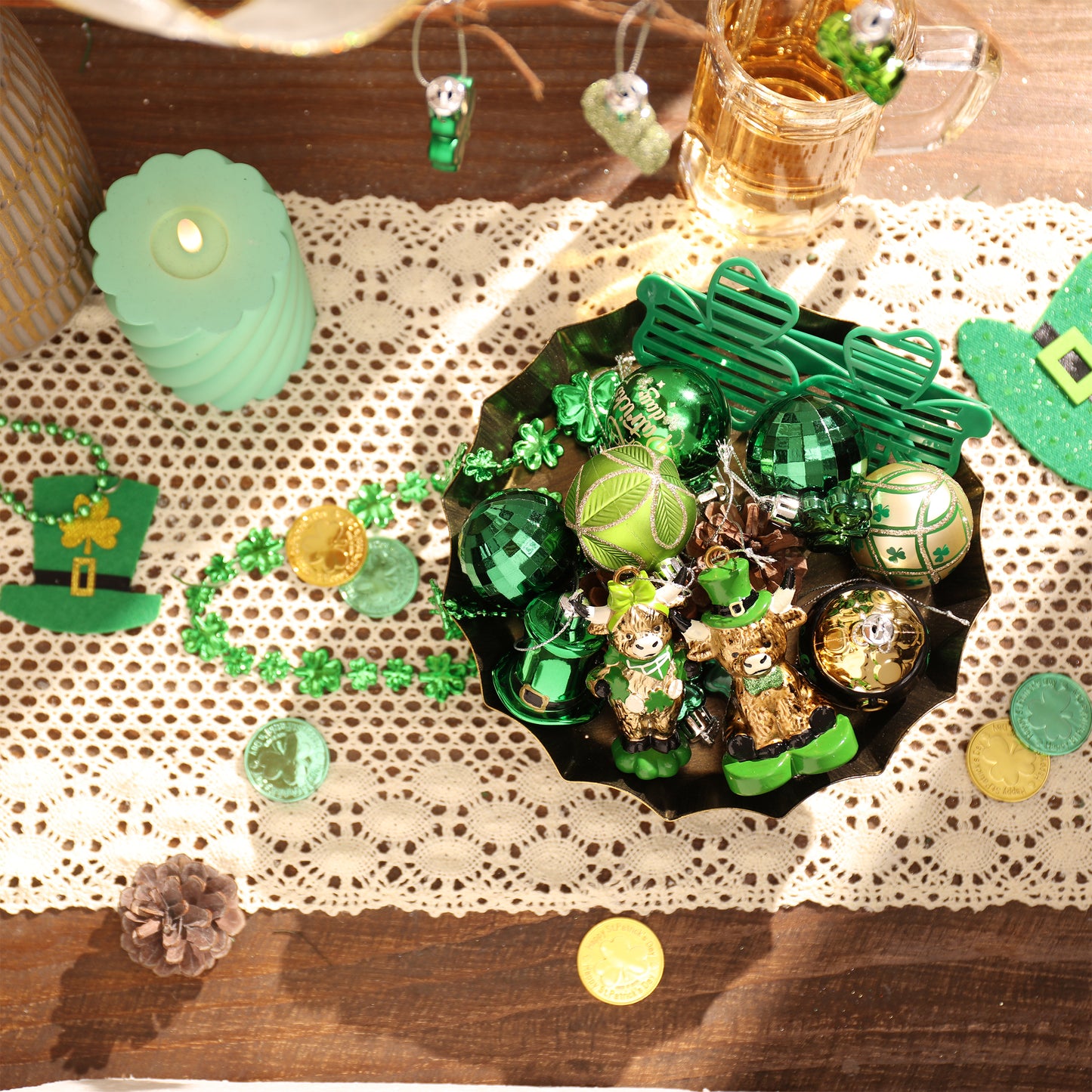 Valery Madelyn St Patricks Day Decorations Shamrock Tree Ornament Set, 30pcs Hanging Ball Ornament Irish Festival Decor, Good Luck Clover Green Gold Chirstmas Tree Decorations