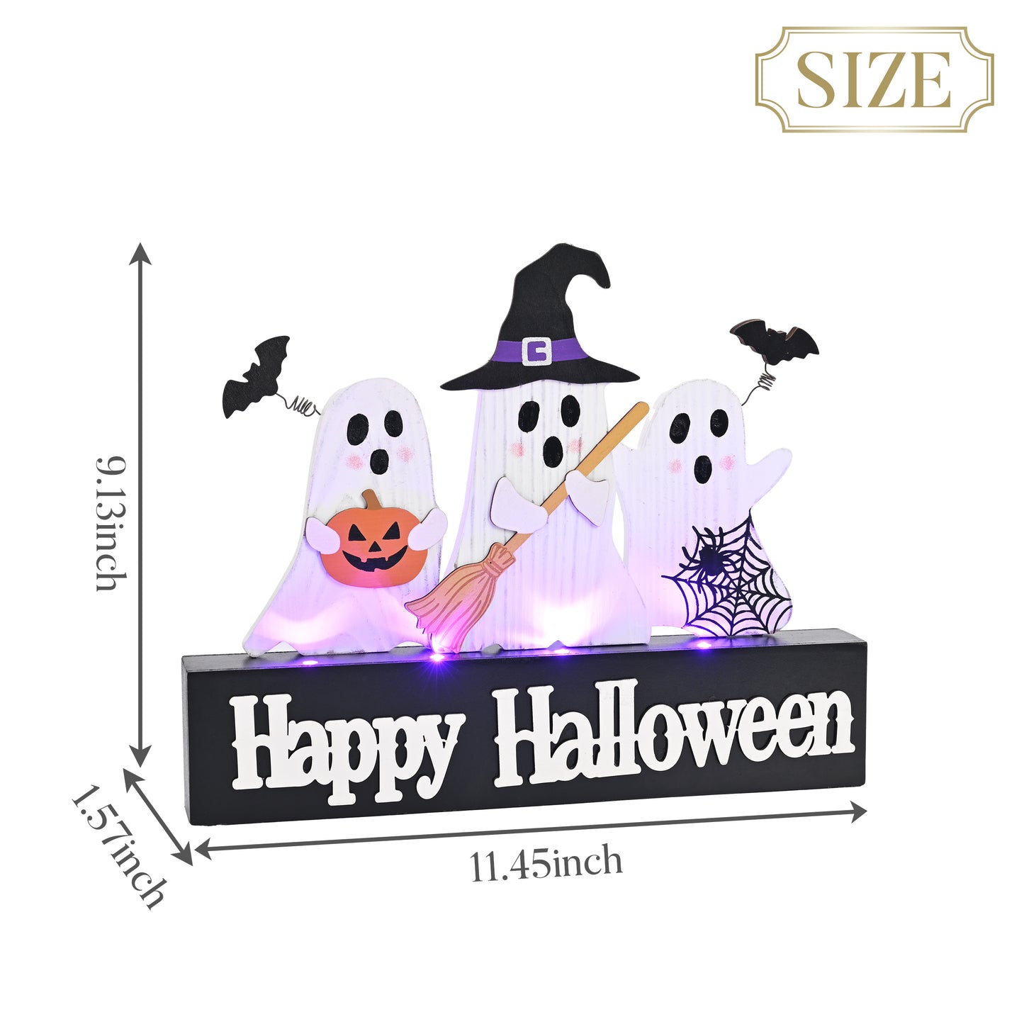 Valery Madelyn Halloween Decorations with Purple LED Lights, Lighted Halloween Ghost Decor, Tabletop Sign with Witch Hat Broom Bats Jack O Lantern for Home Party Indoor, 12 Inch