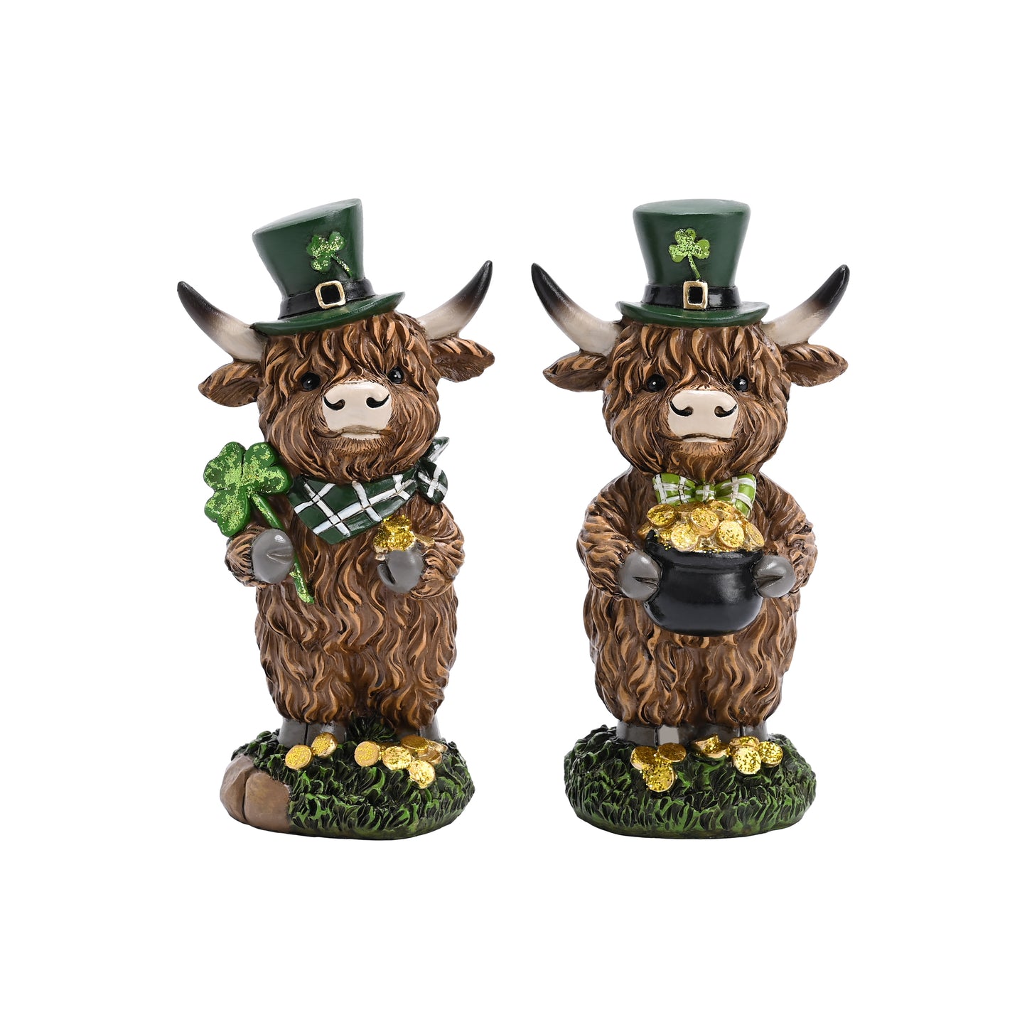 Valery Madelyn St Patricks Day Decorations for Home, 2Pcs Highland Cow Decor With Shamrock Pot of Gold, Irish Resin Leprechaun Figurines St Patricks Day Tiered Tray Decoration Table Centerpiece, 4"