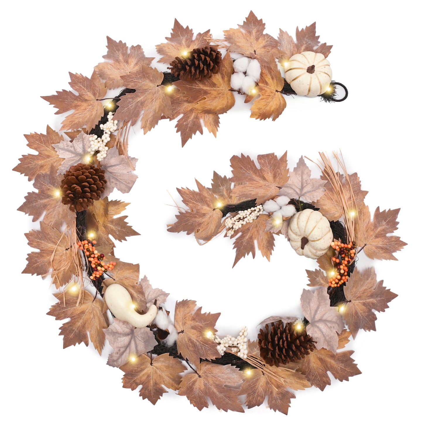 Valery Madelyn Fall Maple Leaves Garlands for Mantle, 6ft Autumn Garlands with Pumpkins Lights for Table Centerpiece, Fall Harvest Decorations for Home Mantle Fireplace Outdoor Halloween Decor-Beige-EG1303-0031
