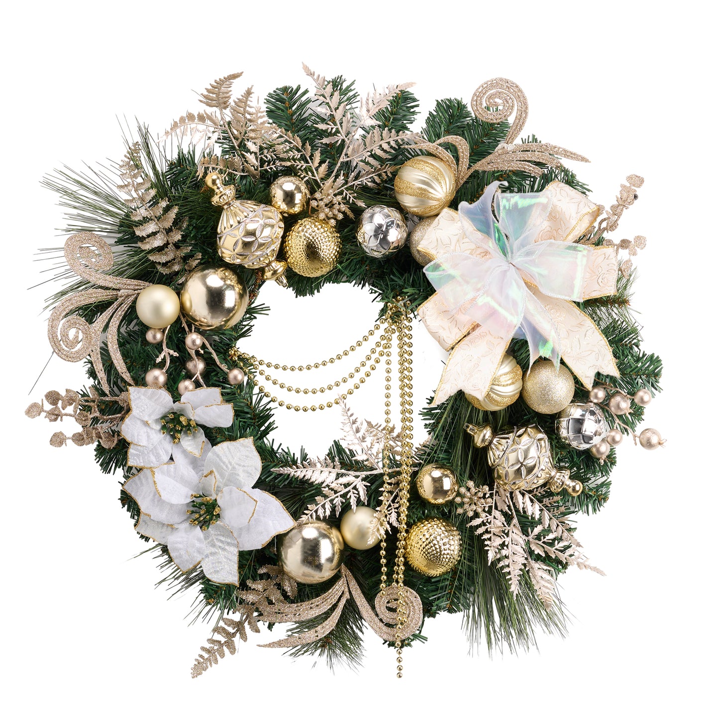 Valery Madelyn 24'' Pre-Lit Christmas Wreath for Front Door with Light, Large Lighted Outdoor Christmas Wreath with White Gold Xmas Balls Bead Sting for Home Home Porch Fireplace Window Holiday Decor