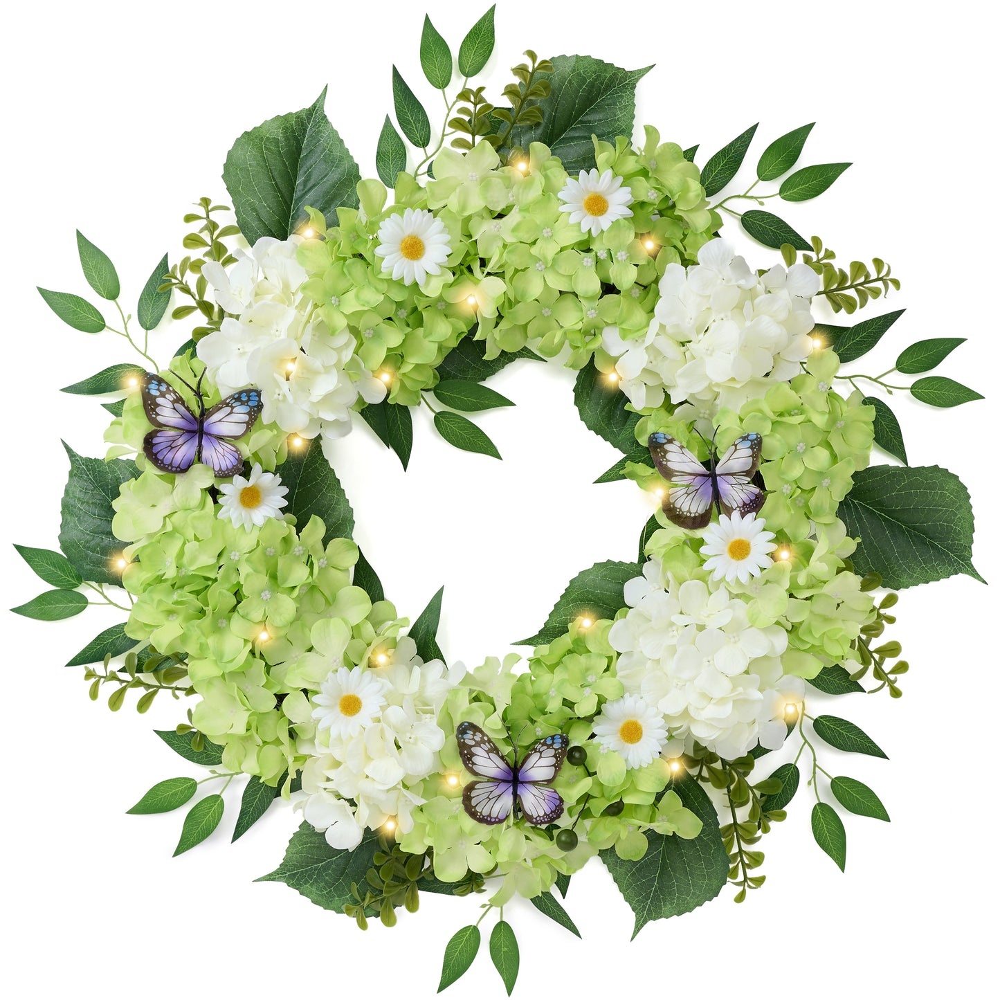 Valery Madelyn 24 Inch Hydrangea Spring Wreaths for Front Door, Green and White Artificial Flowers Wreath for Window Home Porch Indoor Wedding Anniversary Summer Festival Decor EG1112-0133