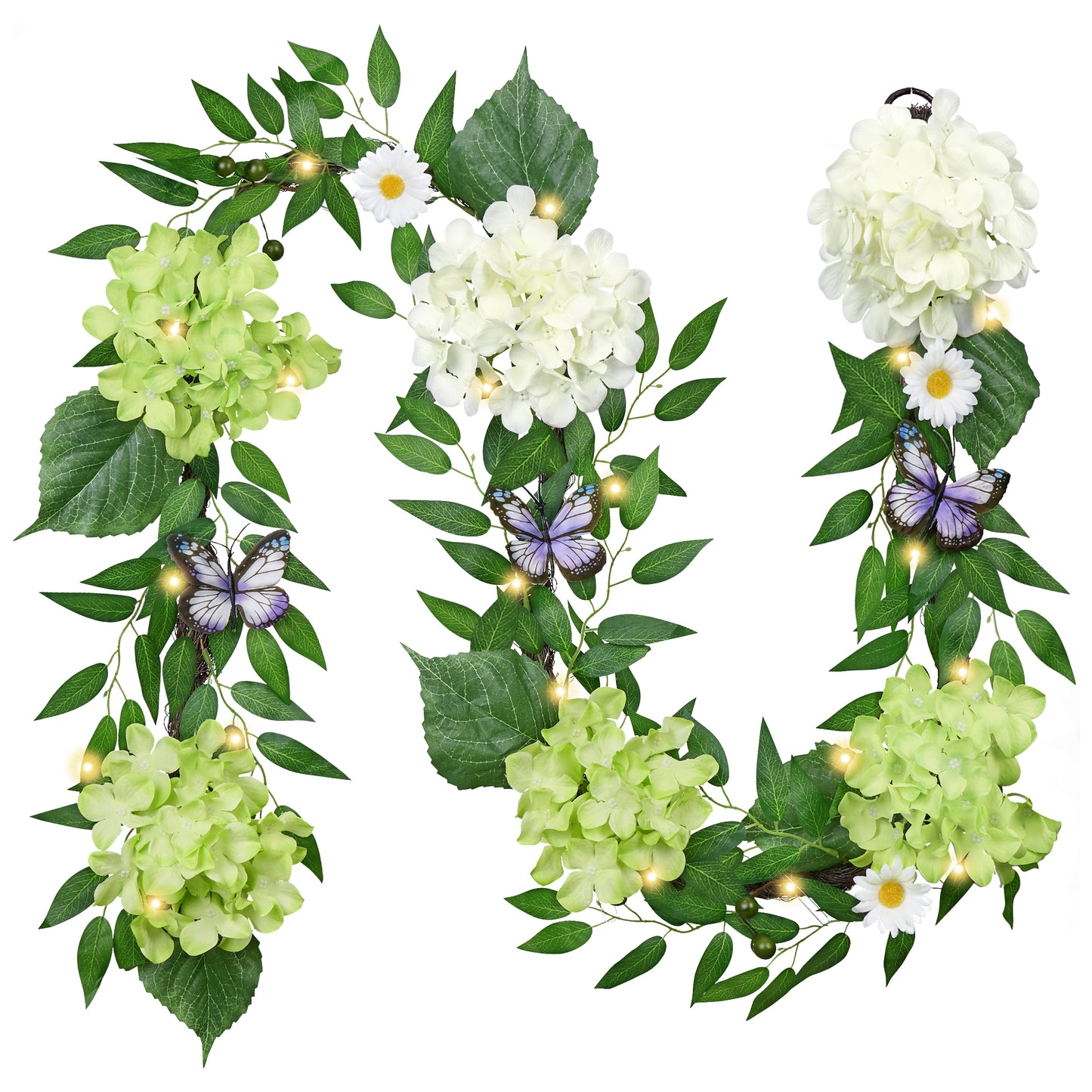Valery Madelyn 6 feet Spring Flower Garland for Mantle, Green and White Summer Hydrangea Garland with Butterfly for Home Wedding Anniversary Table Centerpiece Indoor Outdoor Decoration