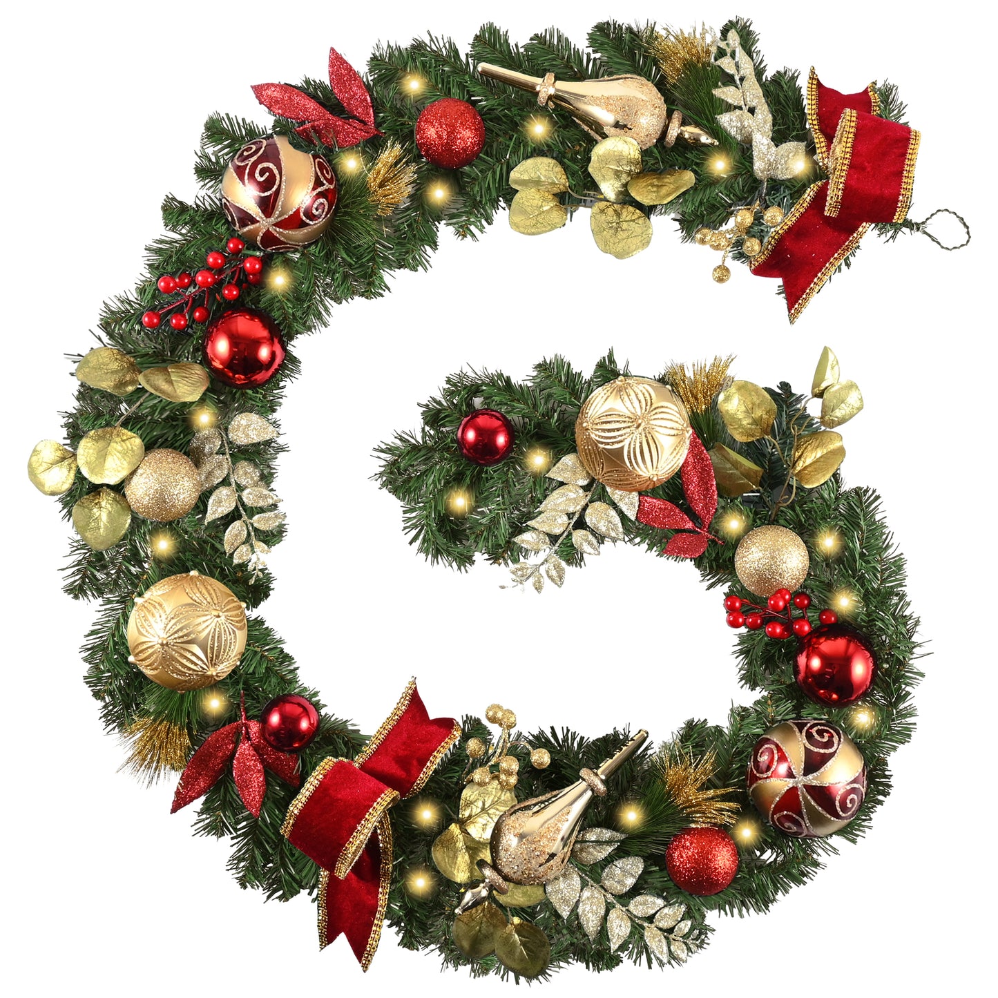 Valery Madelyn 9 Feet Pre-Lit Christmas Garland with Lights for Mantle, Lighted Outdoor Xmas Garland with Red Gold Ball Ribbons for Home Stairs Fireplace Table Centerpiece Indoor Holiday Party Decor