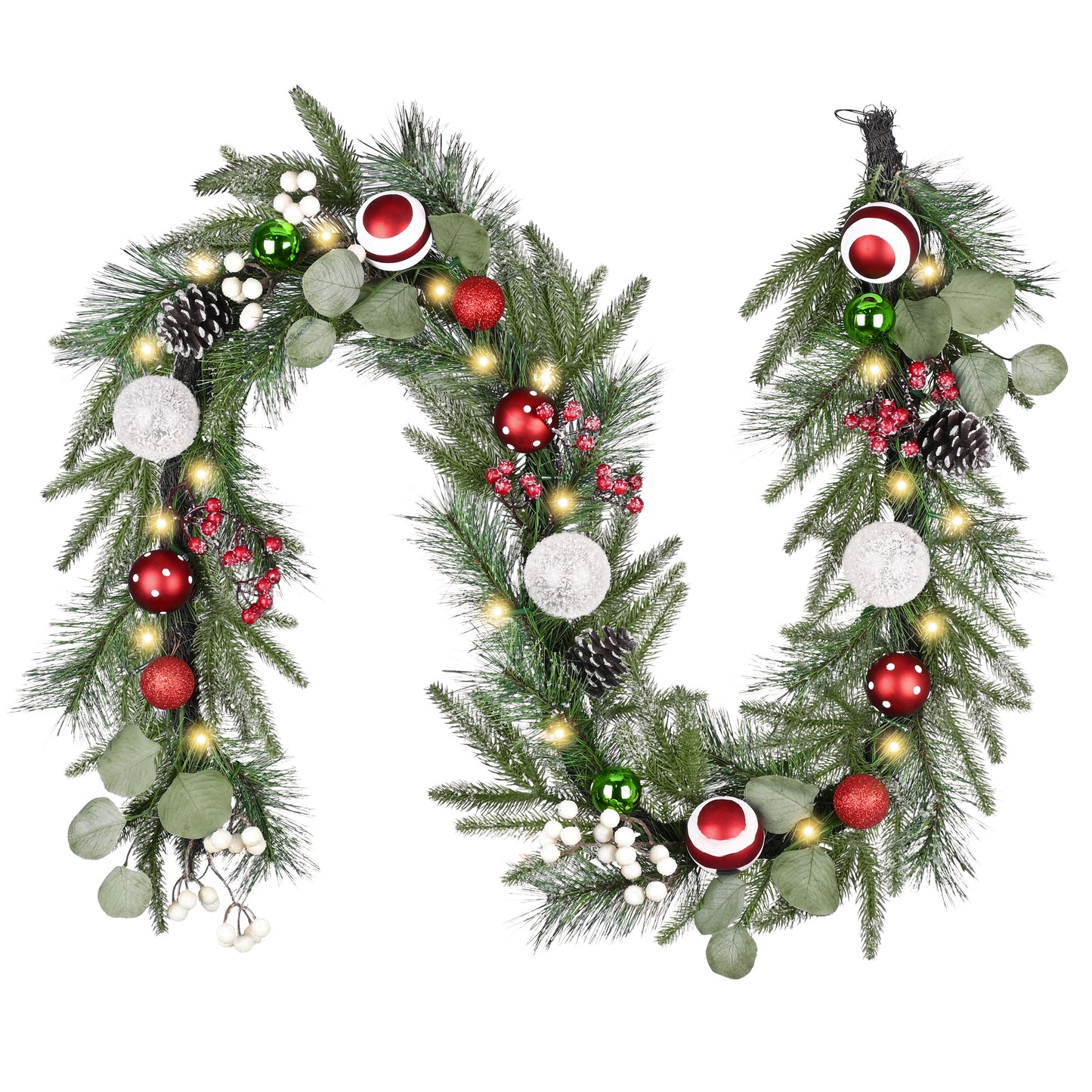 Valery Madelyn 6 Ft Pre-Lit Christmas Garland with Lights for Mantle, Lighted Outdoor Xmas Garland with Red Green White Balls Norfolk Pine for Stairs Fireplace Table Centerpiece Indoor Holiday Decor
