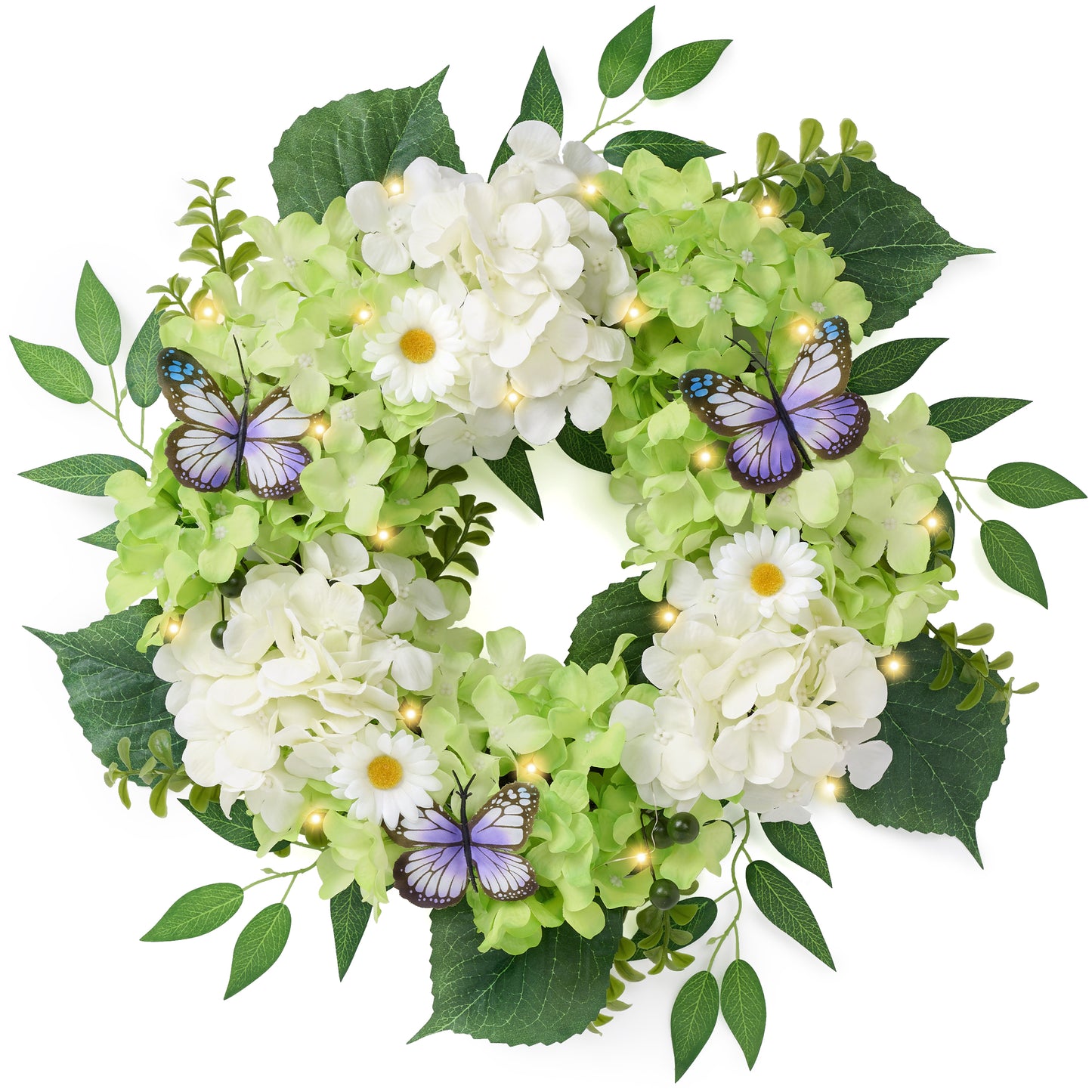 Valery Madelyn 18 Inch Hydrangea Spring Wreaths for Front Door, Green and White Artificial Flowers Wreath for Window Home Porch Indoor Wedding Anniversary Summer Festival Decor