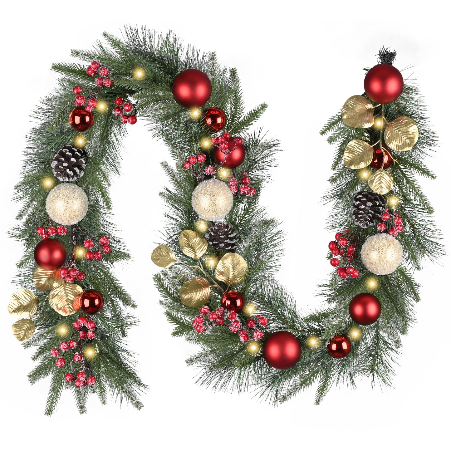 Valery Madelyn 6 Ft Pre-Lit Christmas Garland with Lights for Mantle, Lighted Outdoor Xmas Garland with Red Gold Balls Norfolk Pine for Home Stairs Fireplace Table Centerpiece Indoor Holiday Decor