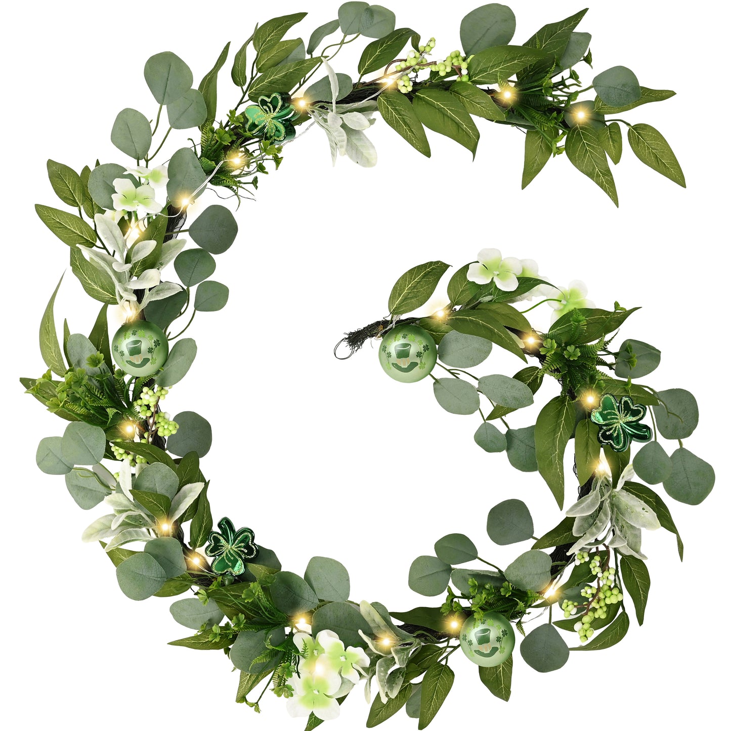 Valery Madelyn 6 Ft St Patrick's Day Garland Decorations with Lights, Artificial Spring Eucalyptus Garland for Mantle with Lucky Shamrock Clover Ornaments, Perfect Irish Festival Home Party Decor