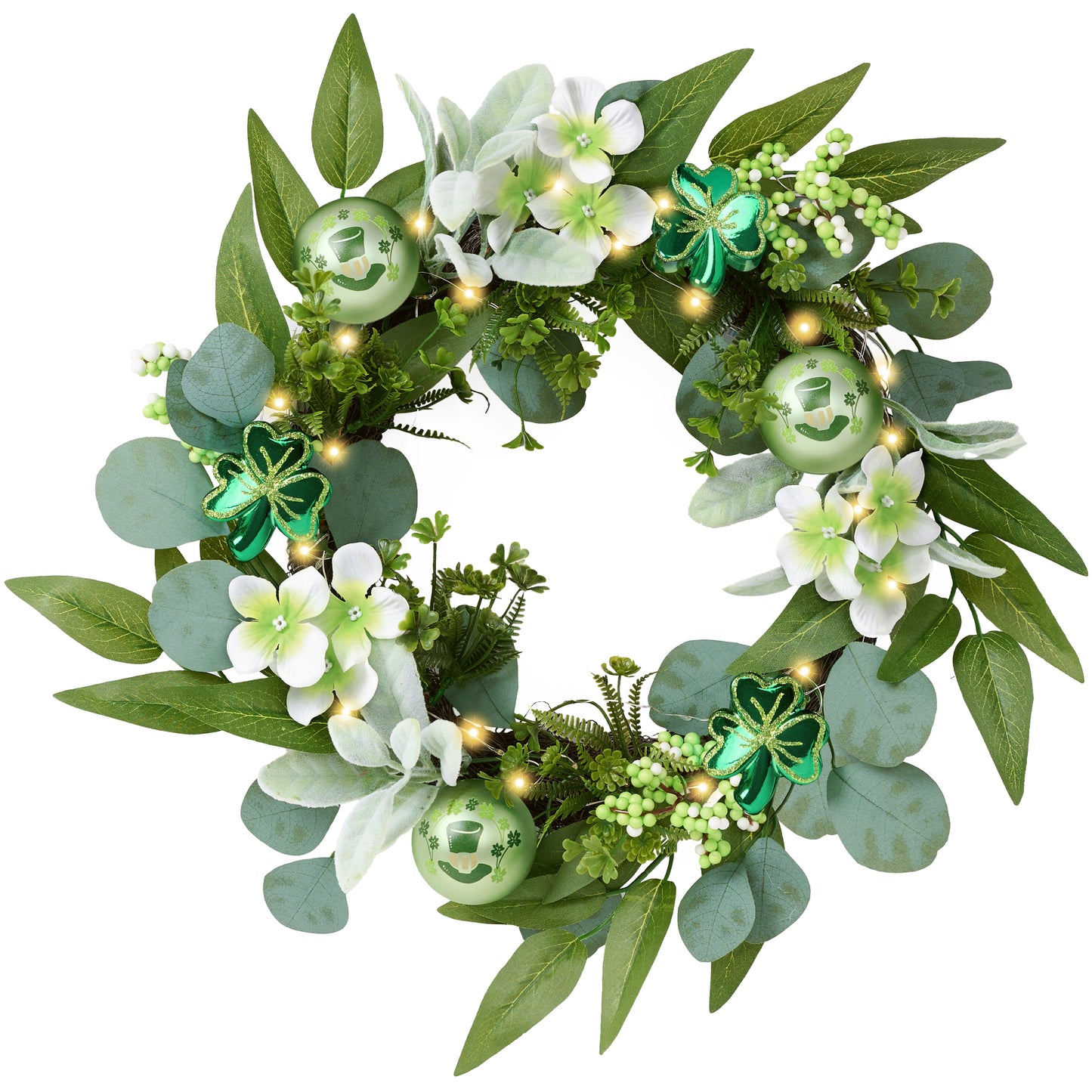 Valery Madelyn 18 Inch St. Patrick's Day Spring Wreaths for Front Door, Green and White Artificial Flowers Wreath with Clover for Home Porch Indoor