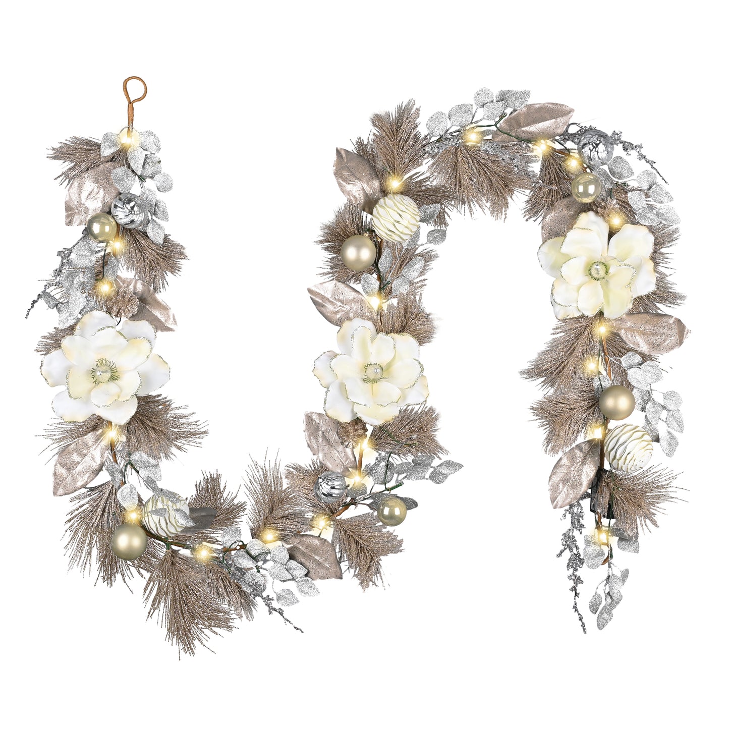 Valery Madelyn 9 Feet Pre-Lit Christmas Garland with Lights for Mantle, Lighted Outdoor Xmas Garland with White Gold Balls & Magnolia for Home Stairs Fireplace Table Centerpiece Indoor Holiday Decor