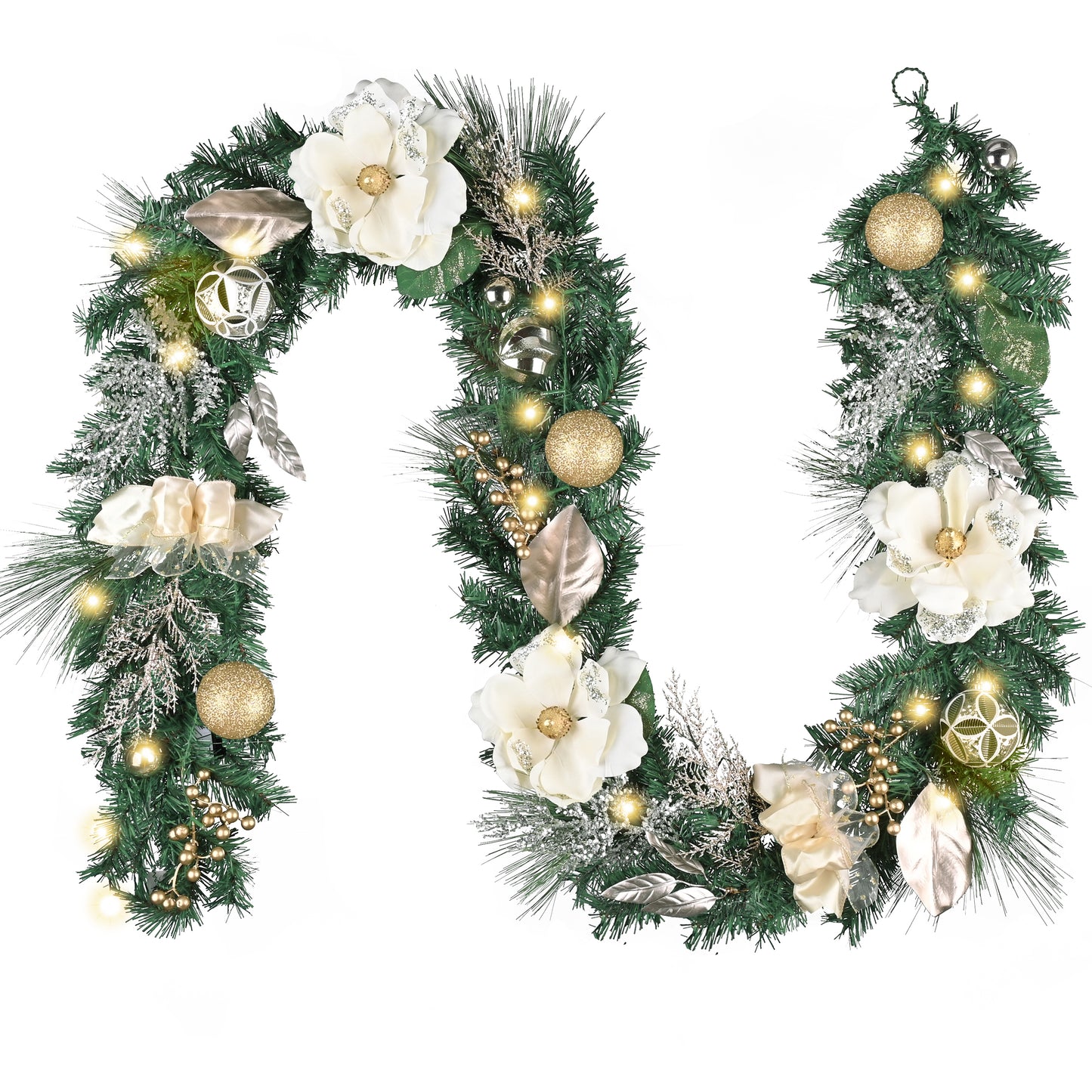 Valery Madelyn 9 Feet Pre-Lit Christmas Garland with Lights for Mantle, Lighted Outdoor Xmas Garland with White Gold Balls Magnolia for Home Stairs Fireplace Table Centerpiece Indoor Holiday Decor