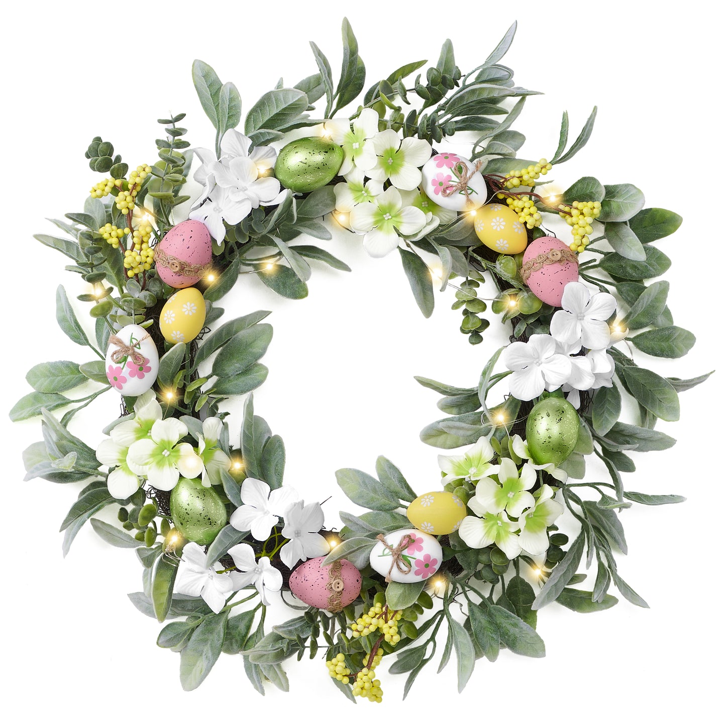 Easter Wreath with Easter Eggs and Lambs Ear Leaves - 24 Inch