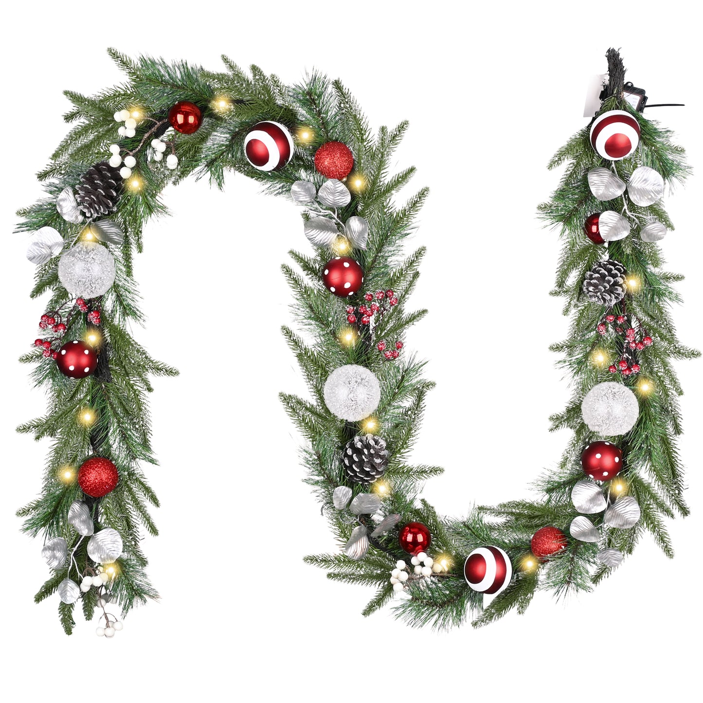 Valery Madelyn 9 Ft Pre-Lit Christmas Garland with Lights for Mantle, Lighted Outdoor Xmas Garland with Red White Balls Norfolk Pine for Home Stairs Fireplace Table Centerpiece Indoor Holiday Decor