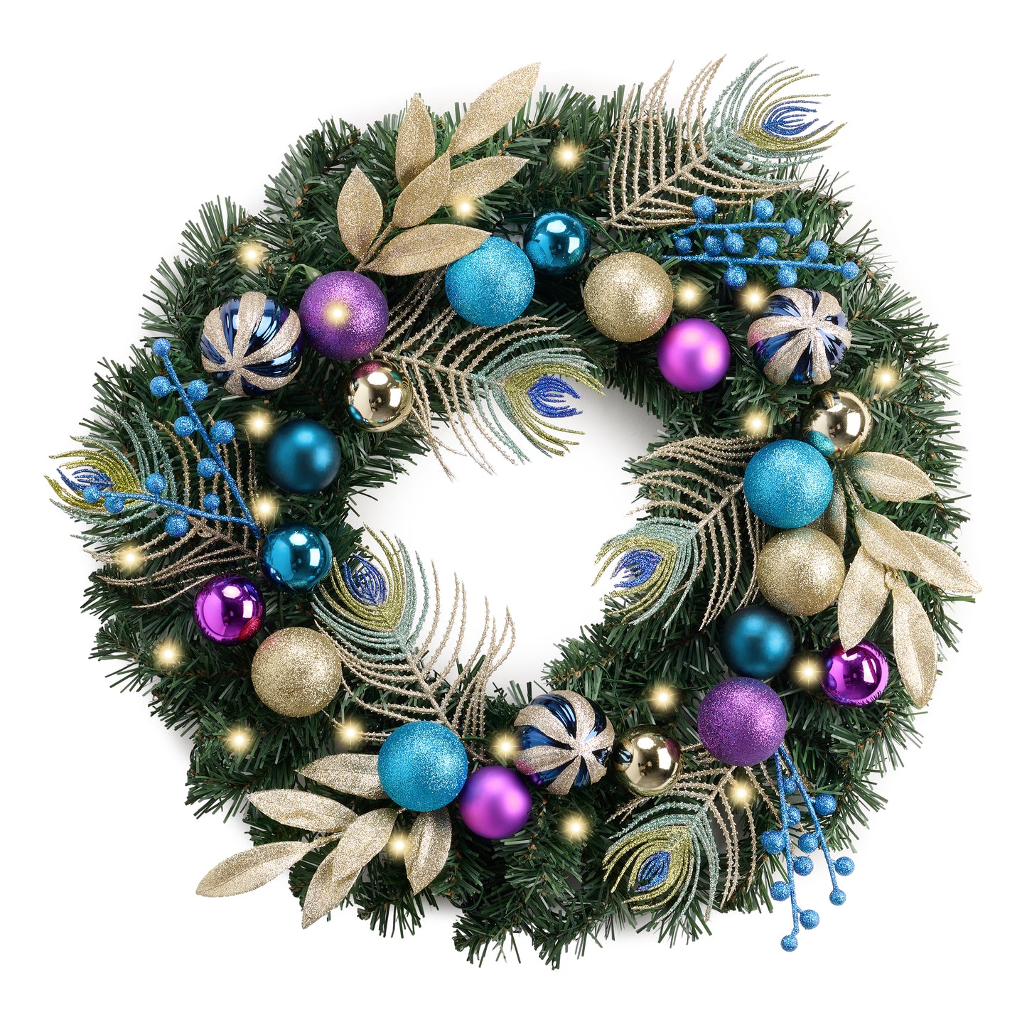 Valery Madelyn 24'' Pre-Lit Christmas Wreath for Front Door with Lights, Lighted Christmas Door Wreath with Peacock Feathers & Balls for Home Porch Fireplace Window Holiday Party Wall Decor