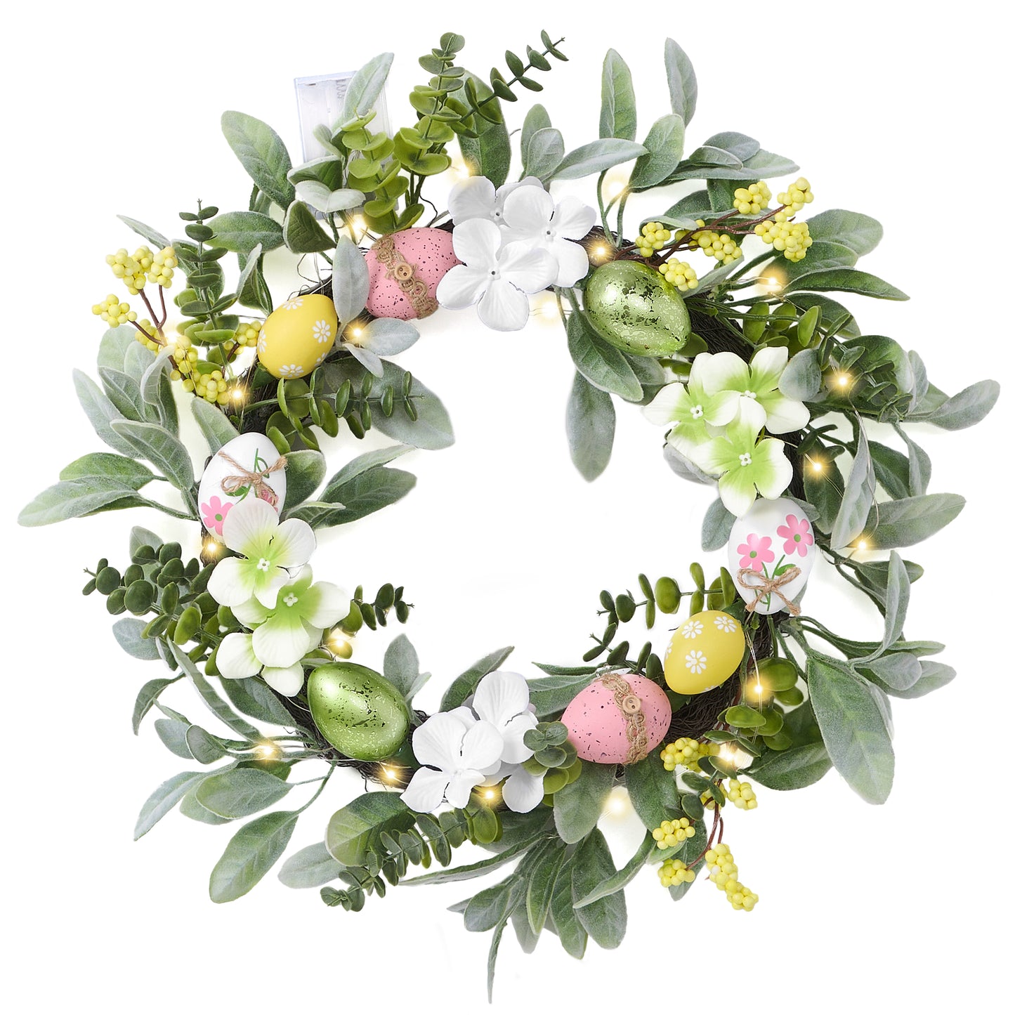 Easter Wreath with Easter Eggs and Lambs Ear Leaves - 18 Inch