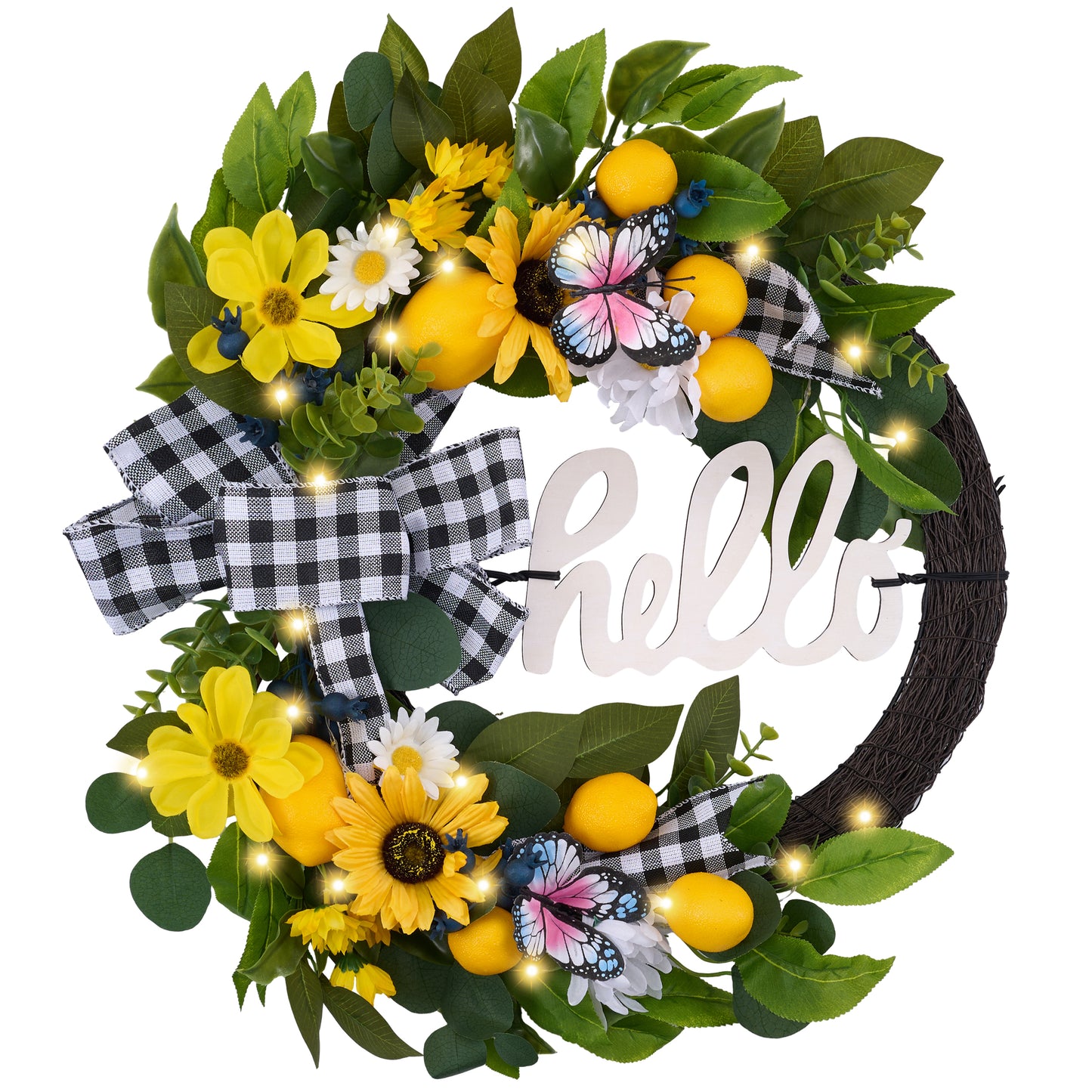 Valery Madelyn Pre-Lit Spring Lemon Wreath for Front Door with Lights, 24 Inch Lighted Farmhouse Summer Fruit Wreath with Hello Sign for Wall Kitchen Centerpiece Window Indoor Outdoor Home Decoration
