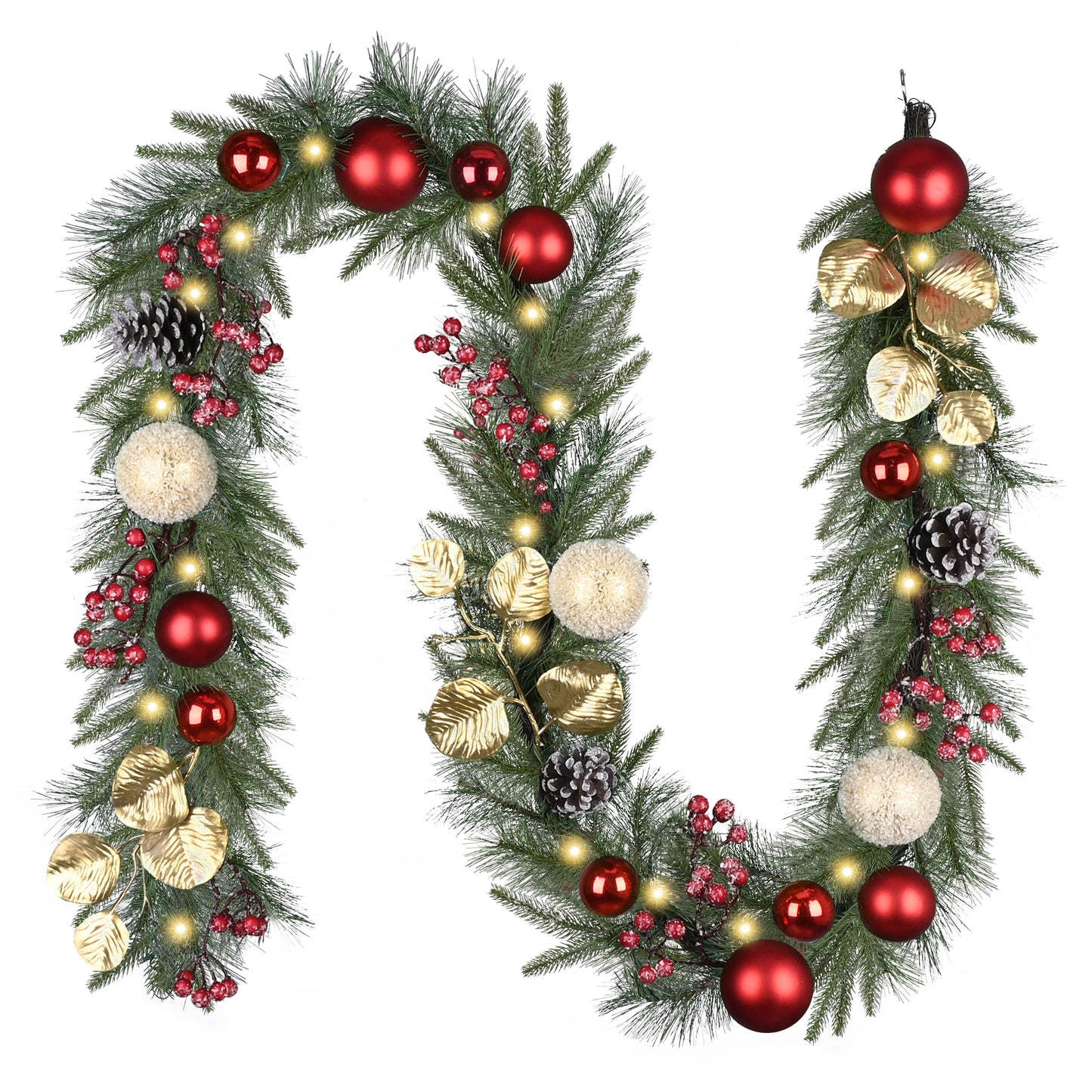 Valery Madelyn 9 Ft Pre-Lit Christmas Garland with Lights for Mantle, Lighted Outdoor Xmas Garland with Red Gold Ball Norfolk Pine for Home Stairs Fireplace Table Centerpiece Indoor Holiday Decor