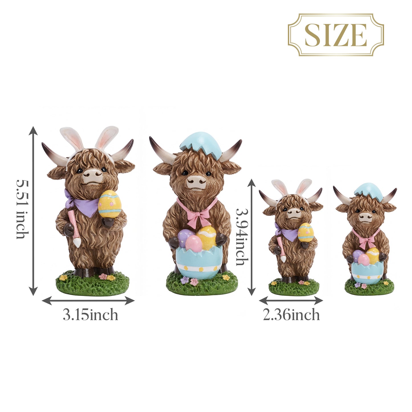 Valery Madelyn Easter Highland Cow Bunny Figurines Decor, Medium 2Pcs Resin Easter Statues with Eggs, for Home Tabletop Tiered Tray Decor, Spring Holiday Party Centerpieces