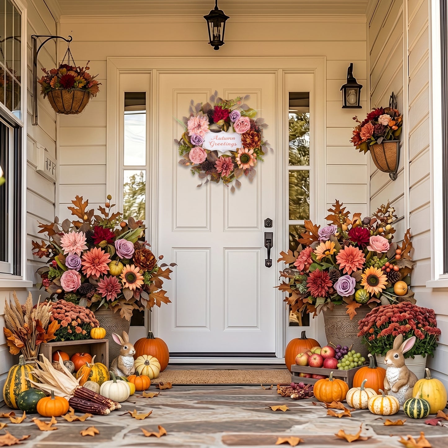 Valery Madelyn 24" Collapsible Fall Wreaths for Front Door with Decorative Plaque,Artificial Dahlia Rose Sunflower Wreath with LED Lights for Autumn Deocr,Harvest Decorations for Home Thanksgiving