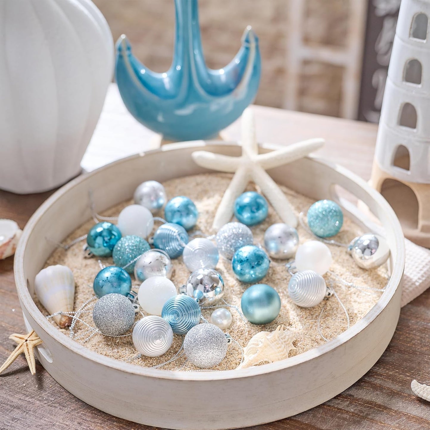 Valery Madelyn 100ct Mini Christmas Ornaments Tree Decorations Set, 1.18 Inches Light Blue Silver Shatterproof Summer Beach Coastal Ocean Nautical Marine Hanging Balls Bulk for Holiday Decor