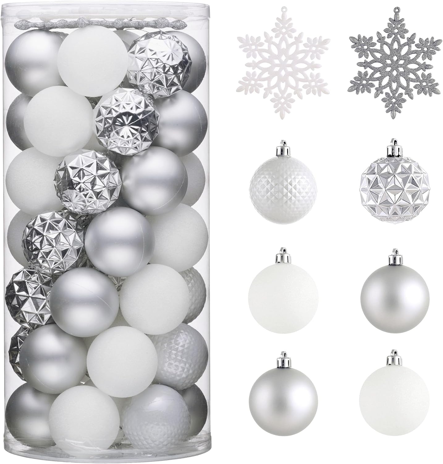 Valery Madelyn Christmas Tree Decorations Ornament Set for Fall Halloween, 50ct 2 Inches White and Silver Shatterproof Christmas Ball Ornaments Hanging Xmas Holiday Party Decor