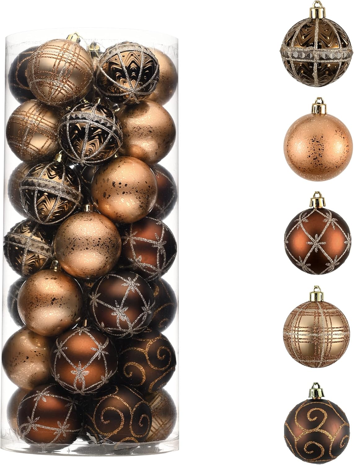 Valery Madelyn Christmas Ornaments Set for Fall Decor, 35ct 2 Inches Brown Copper Gold Shatterproof Christmas Tree Decorations, Luxury Hanging Ball Ornaments Bulk for Thanksgiving Autumn Harvest