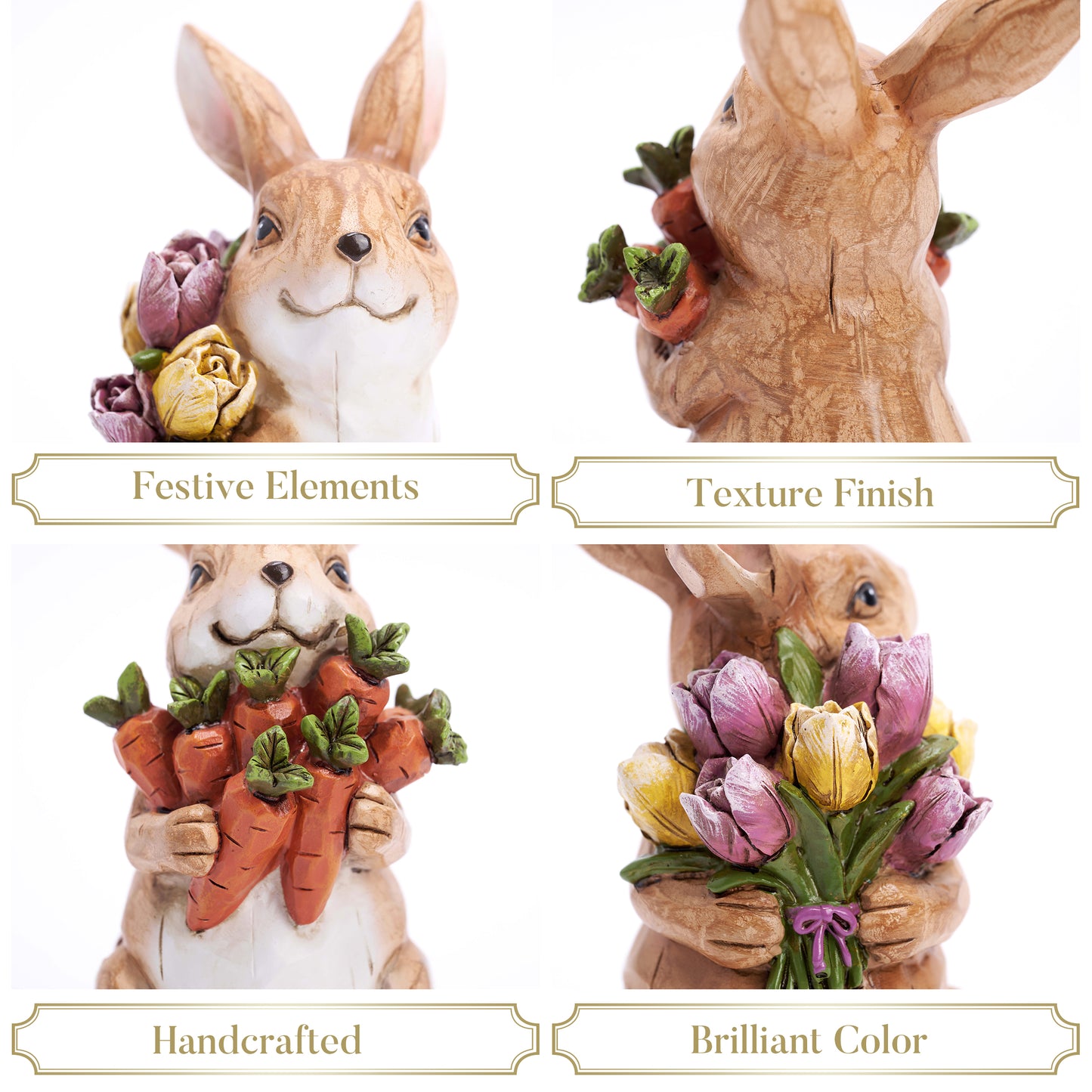 Valery Madelyn Easter Bunny Decorations, Large 2Pcs Couple Rabbit Figurines, Cute Resin Bunny Statues with Flowers and Carrots, Spring Holiday Tabletop Centerpieces, Home Tiered Tray Decor, 6inch