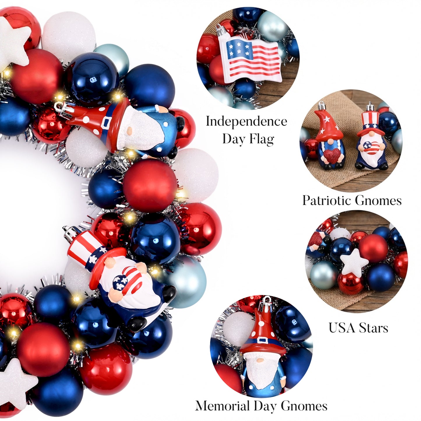 Valery Madelyn 4th of July Ball Wreaths for Front Door,Red White Blue Patriotic Wreath with Lights, American Decorations for Memorial Day,13'