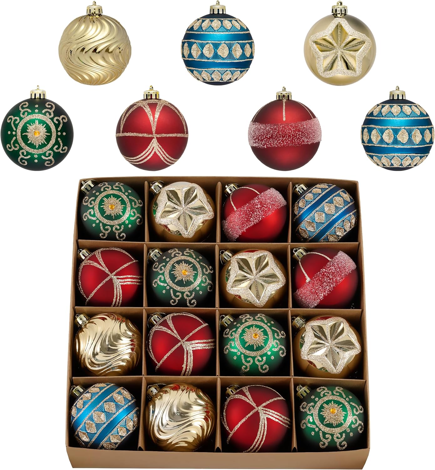 Valery Madelyn Ornaments for Christmas Tree Decorations, 16ct 3.15 Inches Red Green Blue and Gold Shatterproof Christmas Ornaments Set Bulk, Luxury Hanging Decor for Xmas Party Holiday