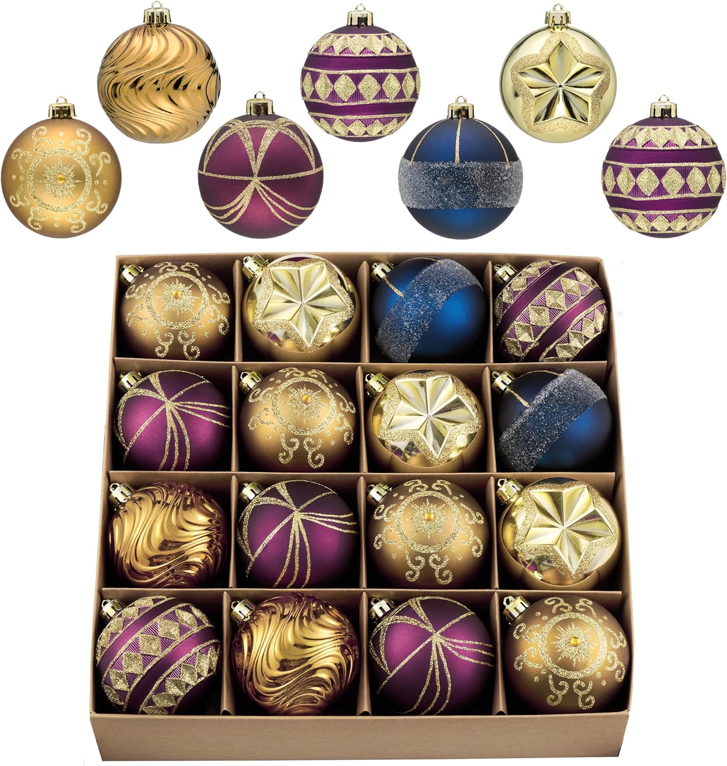 Valery Madelyn Christmas Ornaments Tree Decorations for Mardi Gras, 16ct Bronze Copper Gold and Purple Shatterproof Christmas Tree Ornaments Set, 2.36 Inches Luxury Brown Hanging Ball Decor Xmas Bulk