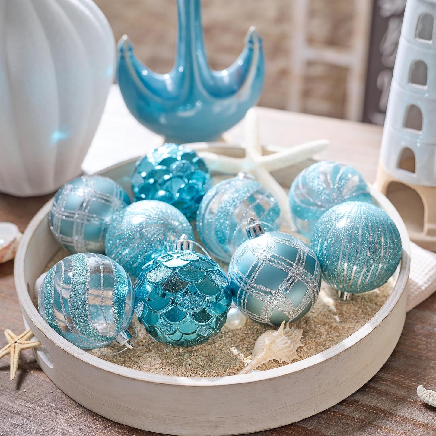 Valery Madelyn Christmas Ornaments Tree Decorations Set, 9ct Light Blue and Silver Shatterproof Christmas Balls Bulk, 2.76 Inches Summer Beach Coastal Ocean Nautical Marine Hanging Xmas Holiday Decor