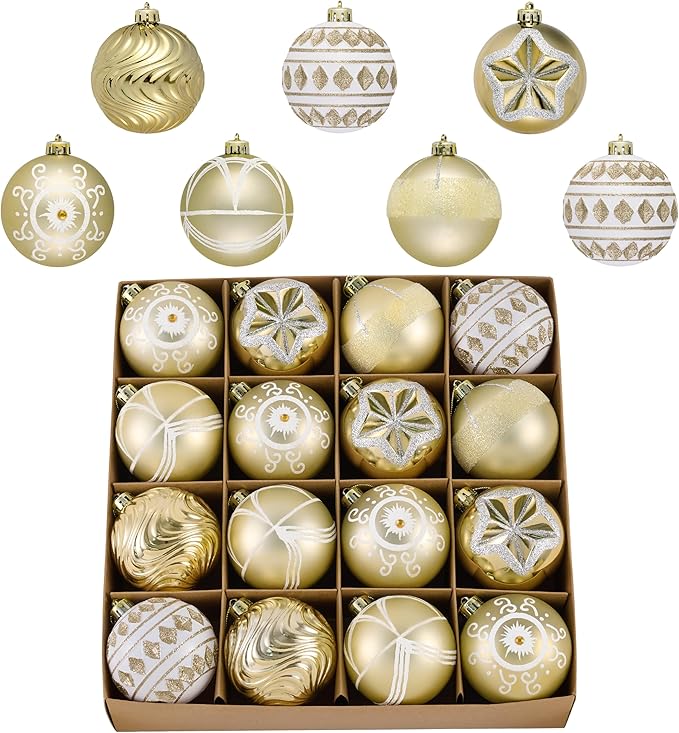 Valery Madelyn Ornaments for Christmas Tree Decorations, 16ct 3.15 Inches White and Gold Shatterproof Christmas Ornaments Set Bulk, Luxury Hanging Decor for Xmas Party Holiday