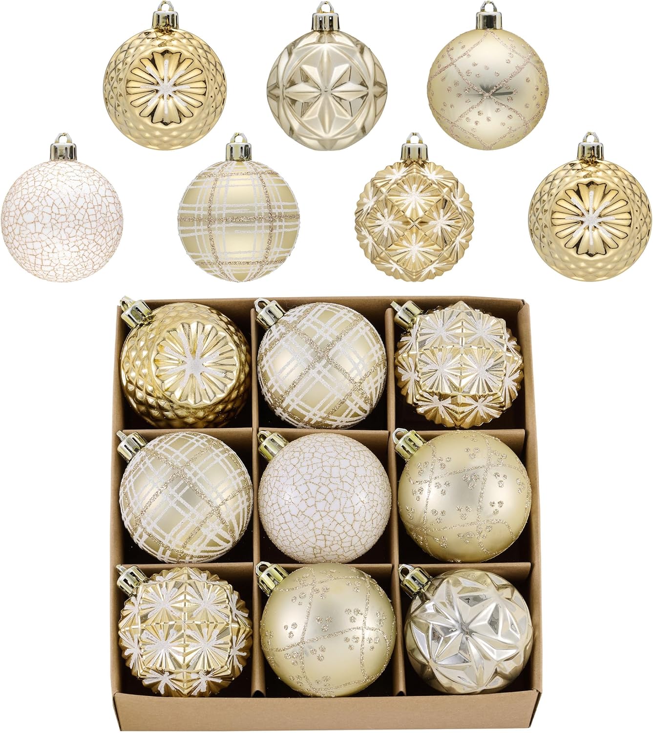 Valery Madelyn Ornaments for Christmas Trees, 9ct 2.36 Inches White and Gold Shatterproof Christmas Tree Decorations, Luxury Hanging Ball Ornaments for Xmas Holiday Party Decor