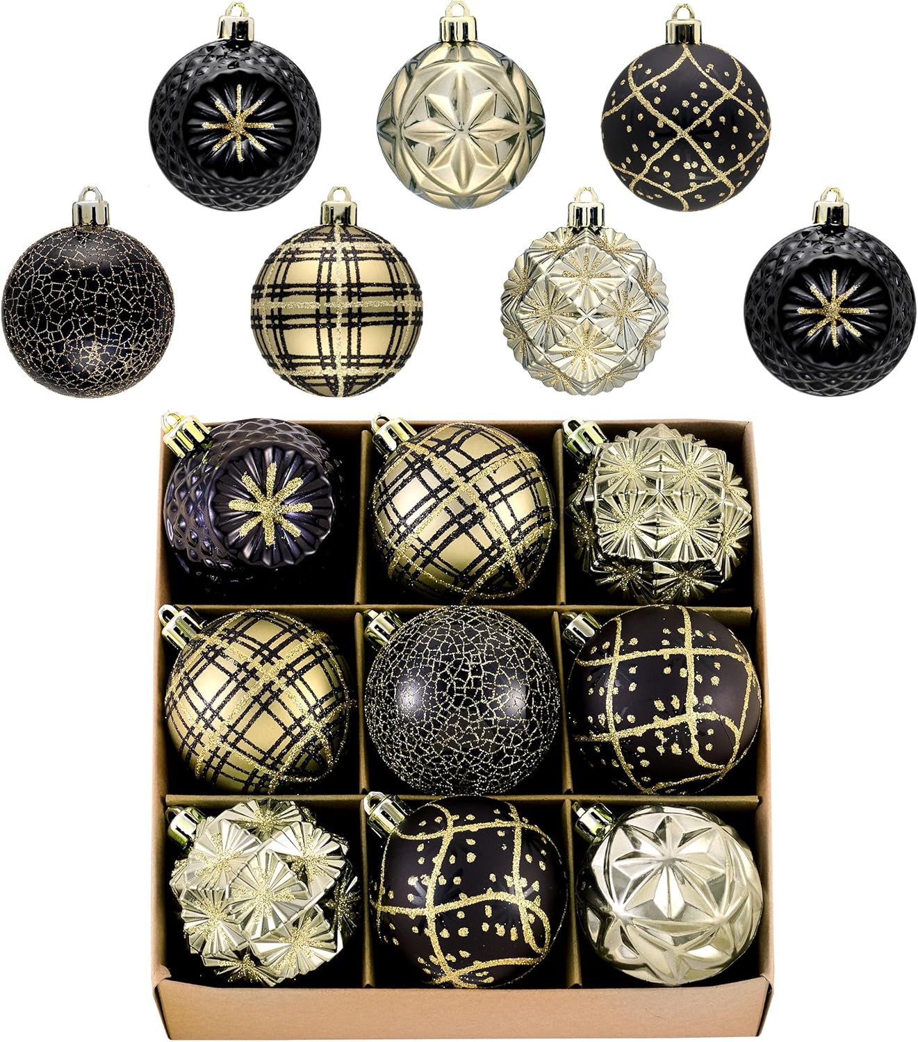 Valery Madelyn Ornaments for Christmas Trees, 9ct 2.36 Inches Black and Gold Shatterproof Christmas Tree Decorations, Luxury Hanging Ball Ornaments for Xmas Holiday Party Decor
