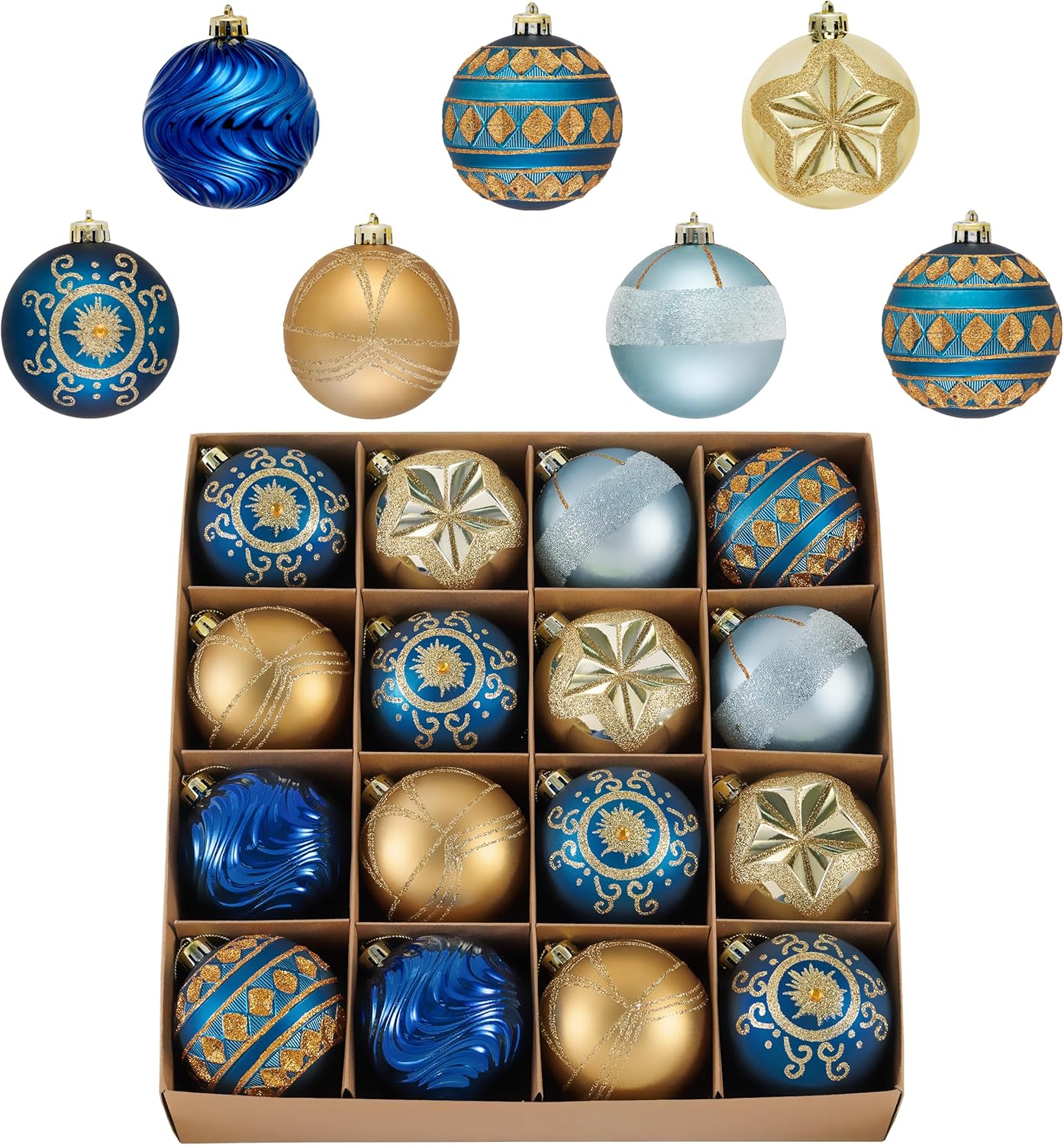 Valery Madelyn Ornaments for Christmas Tree Decorations, 16ct 3.15 Inches Blue and Gold Shatterproof Christmas Ornaments Set Bulk, Luxury Hanging Decor for Xmas Party Holiday