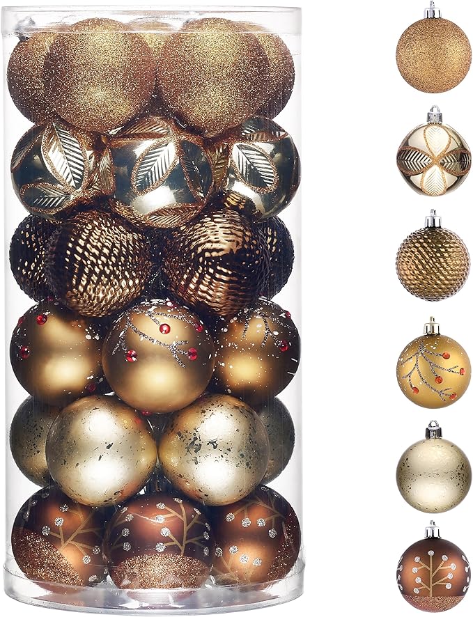 Valery Madelyn Christmas Tree Decorations, 30ct 2 Inches Brown Copper and Gold Shatterproof Christmas Ornaments Set, Woodland Bronze Hanging Ball Ornaments Bulk for Xmas Holiday Party Decor