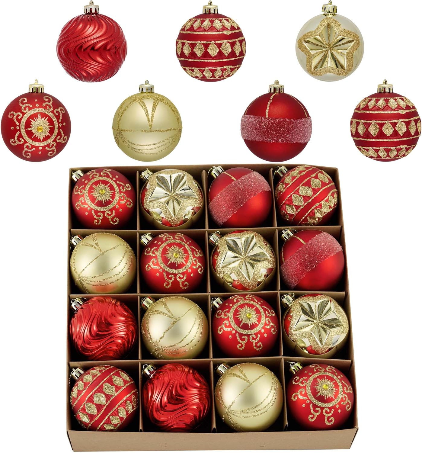 Valery Madelyn Ornaments for Christmas Tree Decorations, 16ct 2.36 Inches Red and Gold Shatterproof Christmas Ornaments Set Bulk, Luxury Hanging Decor for Xmas Party Holiday