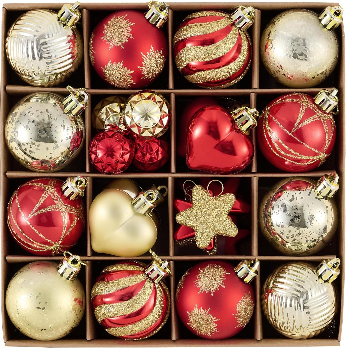 Valery Madelyn 28Pcs Christmas Heart Shaped Ornaments Gift Pack, Red and Gold Craft Painted Tree Heart Decorations, Christmas Baubles Hanging Indoor Holiday Party Xmas Decor