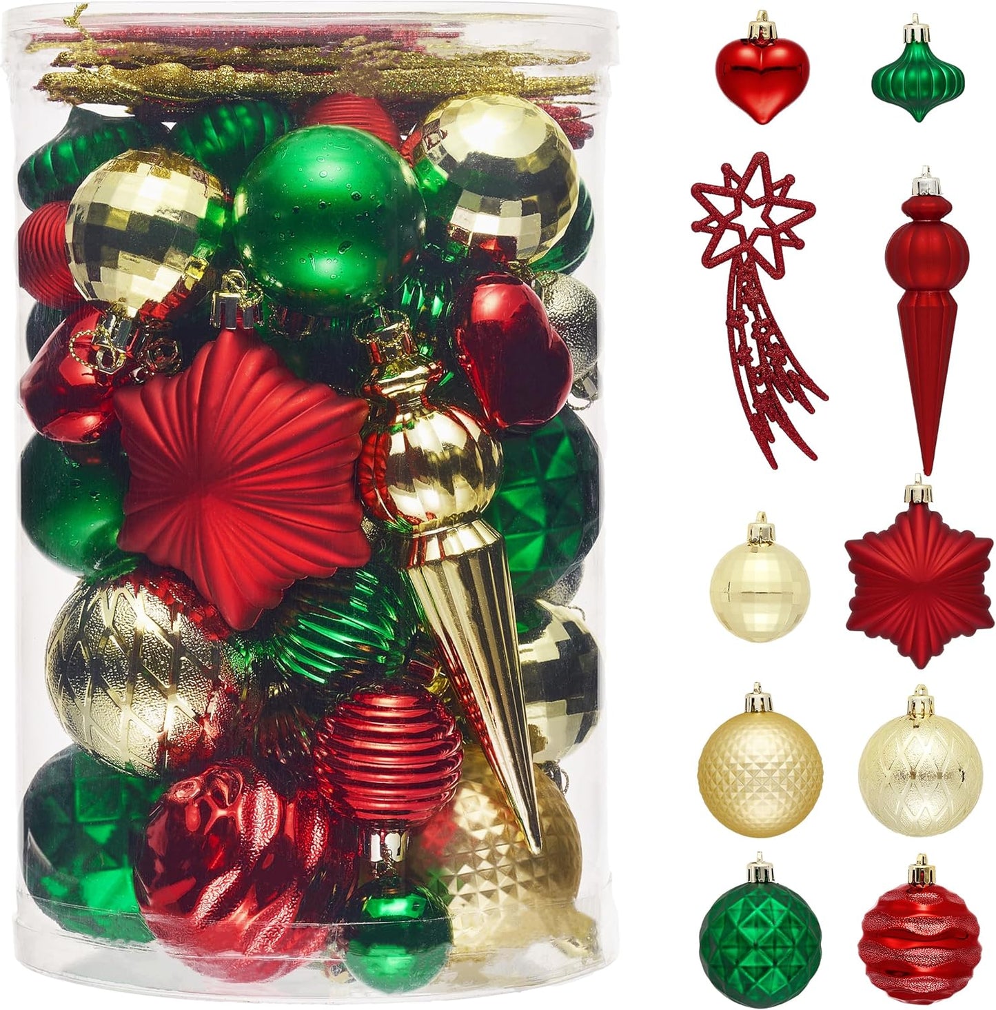 Valery Madelyn 60ct Christmas Tree Decorations Ball Ornament Set, Red Green Gold Shatterproof Hanging Ornaments Bulk for Xmas Holiday Party Decor