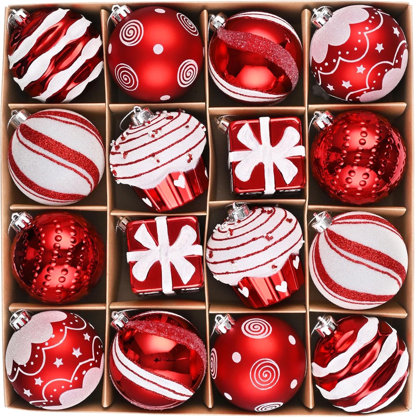 Valery Madelyn Christmas Ornaments Set, 16ct Candy Cane Red and White Shatterproof Christmas Tree Decorations Bulk, 2.36 Inch Sweet Hanging Ball Ornaments for Xmas Trees Holiday Party Decor