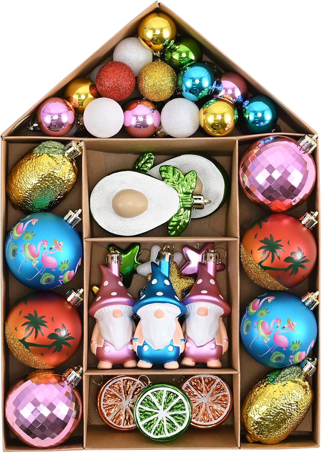 Valery Madelyn 50ct Summer Tree Ornaments Christmas in July Decorations, Coastal Beach Ocean Theme Set with Flamingo, Gnome, Avocado, Lemon & Palm Tree. Shatterproof Balls for Hawaiian Tropical Party