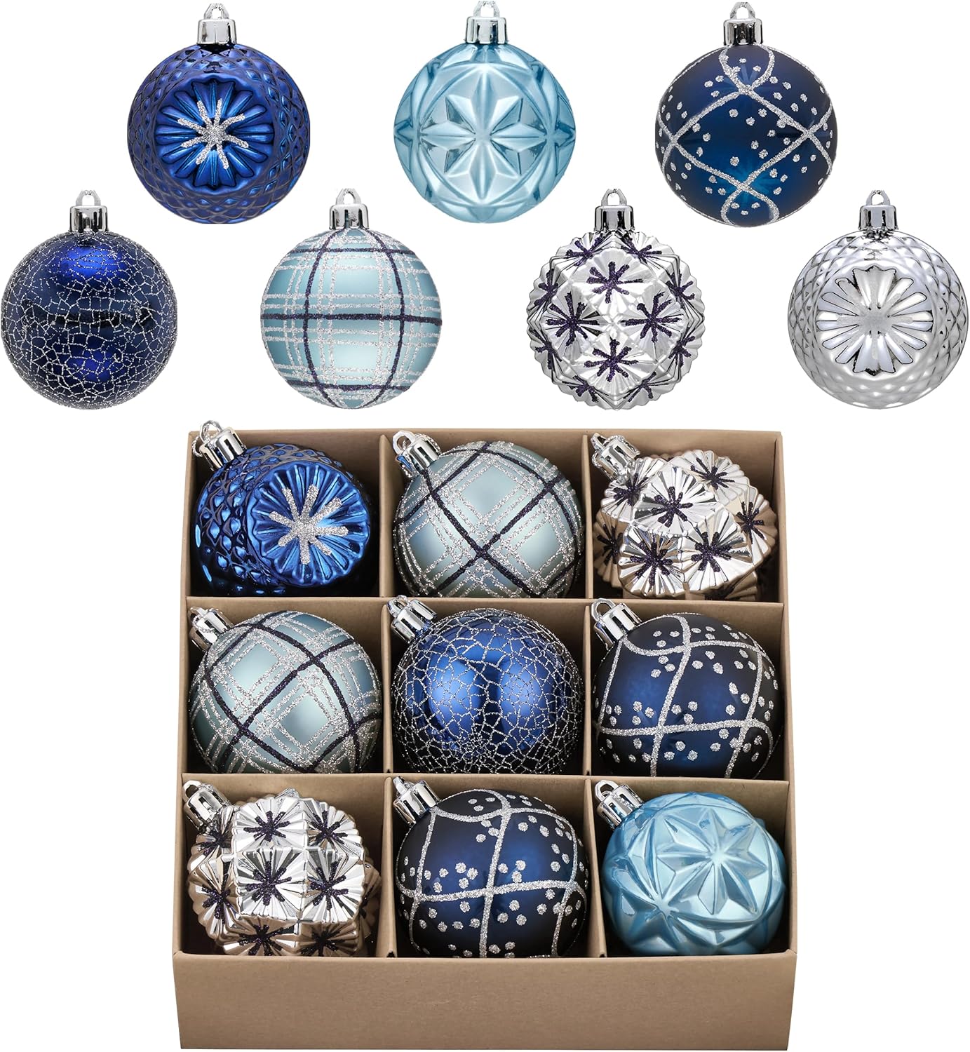 Valery Madelyn Ornaments for Christmas Trees, 9ct 2.36 Inches Navy Blue and Silver Shatterproof Christmas Tree Decorations, Luxury Hanging Ball Ornaments for Xmas Holiday Party Decor